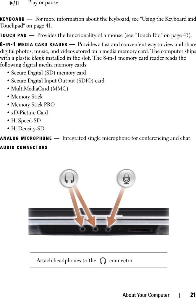 About Your Computer 21KEYBOARD —For more information about the keyboard, see &quot;Using the Keyboard and Touchpad&quot; on page 41. TOUCH PAD —Provides the functionality of a mouse (see &quot;Touch Pad&quot; on page 43).8-IN-1 MEDIA CARD READER —Provides a fast and convenient way to view and share digital photos, music, and videos stored on a media memory card. The computer ships with a plastic blank installed in the slot. The 8-in-1 memory card reader reads the following digital media memory cards:• Secure Digital (SD) memory card• Secure Digital Input Output (SDIO) card• MultiMediaCard (MMC)•Memory Stick • Memory Stick PRO • xD-Picture Card • Hi Speed-SD• Hi Density-SDANALOG MICROPHONE —Integrated single microphone for conferencing and chat.AUDIO CONNECTORSPlay or pauseAttach headphones to the   connector