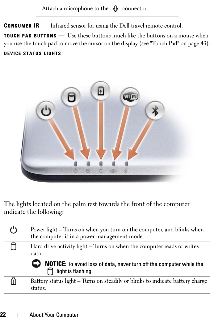 22 About Your ComputerCONSUMER IR — Infrared sensor for using the Dell travel remote control.TOUCH PAD BUTTONS —Use these buttons much like the buttons on a mouse when you use the touch pad to move the cursor on the display (see &quot;Touch Pad&quot; on page 43).DEVICE STATUS LIGHTSThe lights located on the palm rest towards the front of the computer indicate the following:Attach a microphone to the   connectorPower light – Turns on when you turn on the computer, and blinks when the computer is in a power management mode. Hard drive activity light – Turns on when the computer reads or writes data. NOTICE: To avoid loss of data, never turn off the computer while the  light is flashing.Battery status light – Turns on steadily or blinks to indicate battery charge status.