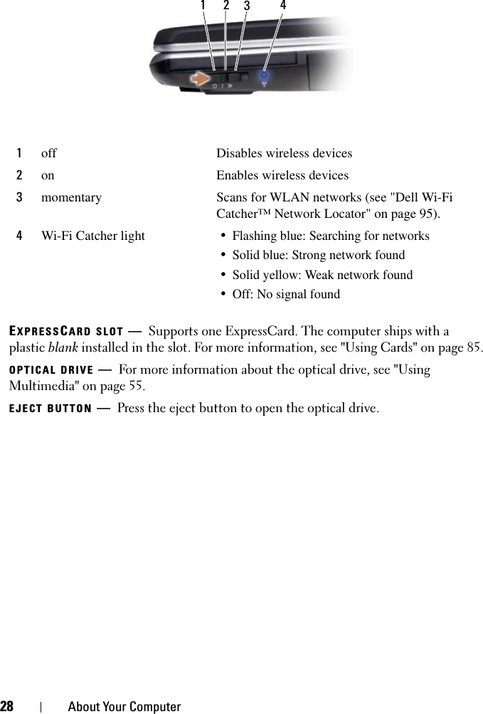 28 About Your ComputerEXPRESSCARD SLOT —Supports one ExpressCard. The computer ships with a plastic blank installed in the slot. For more information, see &quot;Using Cards&quot; on page 85.OPTICAL DRIVE —For more information about the optical drive, see &quot;Using Multimedia&quot; on page 55.EJECT BUTTON —Press the eject button to open the optical drive.1off Disables wireless devices2on Enables wireless devices3momentary Scans for WLAN networks (see &quot;Dell Wi-Fi Catcher™ Network Locator&quot; on page 95).4Wi-Fi Catcher light•Flashing blue: Searching for networks•Solid blue: Strong network found•Solid yellow: Weak network found•Off: No signal found1 2 34
