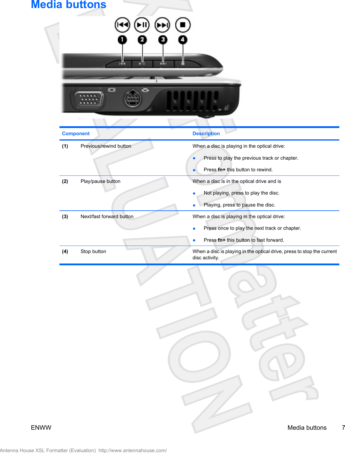 Media buttonsComponent Description(1) Previous/rewind button When a disc is playing in the optical drive:●Press to play the previous track or chapter.●Press fn+ this button to rewind.(2) Play/pause button When a disc is in the optical drive and is●Not playing, press to play the disc.●Playing, press to pause the disc.(3) Next/fast forward button When a disc is playing in the optical drive:●Press once to play the next track or chapter.●Press fn+ this button to fast forward.(4) Stop button When a disc is playing in the optical drive, press to stop the currentdisc activity.ENWW Media buttons 7Antenna House XSL Formatter (Evaluation)  http://www.antennahouse.com/