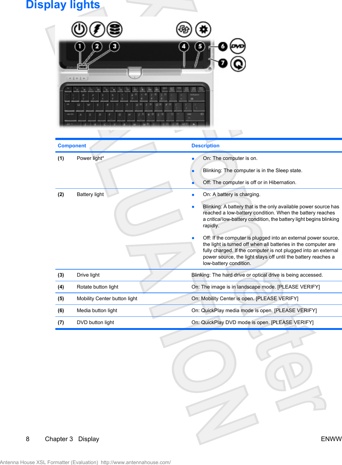 Display lightsComponent Description(1) Power light* ●On: The computer is on.●Blinking: The computer is in the Sleep state.●Off: The computer is off or in Hibernation.(2) Battery light ●On: A battery is charging.●Blinking: A battery that is the only available power source hasreached a low-battery condition. When the battery reachesa critical low-battery condition, the battery light begins blinkingrapidly.●Off: If the computer is plugged into an external power source,the light is turned off when all batteries in the computer arefully charged. If the computer is not plugged into an externalpower source, the light stays off until the battery reaches alow-battery condition.(3) Drive light Blinking: The hard drive or optical drive is being accessed.(4) Rotate button light On: The image is in landscape mode. [PLEASE VERIFY](5) Mobility Center button light On: Mobility Center is open. [PLEASE VERIFY](6) Media button light On: QuickPlay media mode is open. [PLEASE VERIFY](7) DVD button light On: QuickPlay DVD mode is open. [PLEASE VERIFY]8 Chapter 3   Display ENWWAntenna House XSL Formatter (Evaluation)  http://www.antennahouse.com/