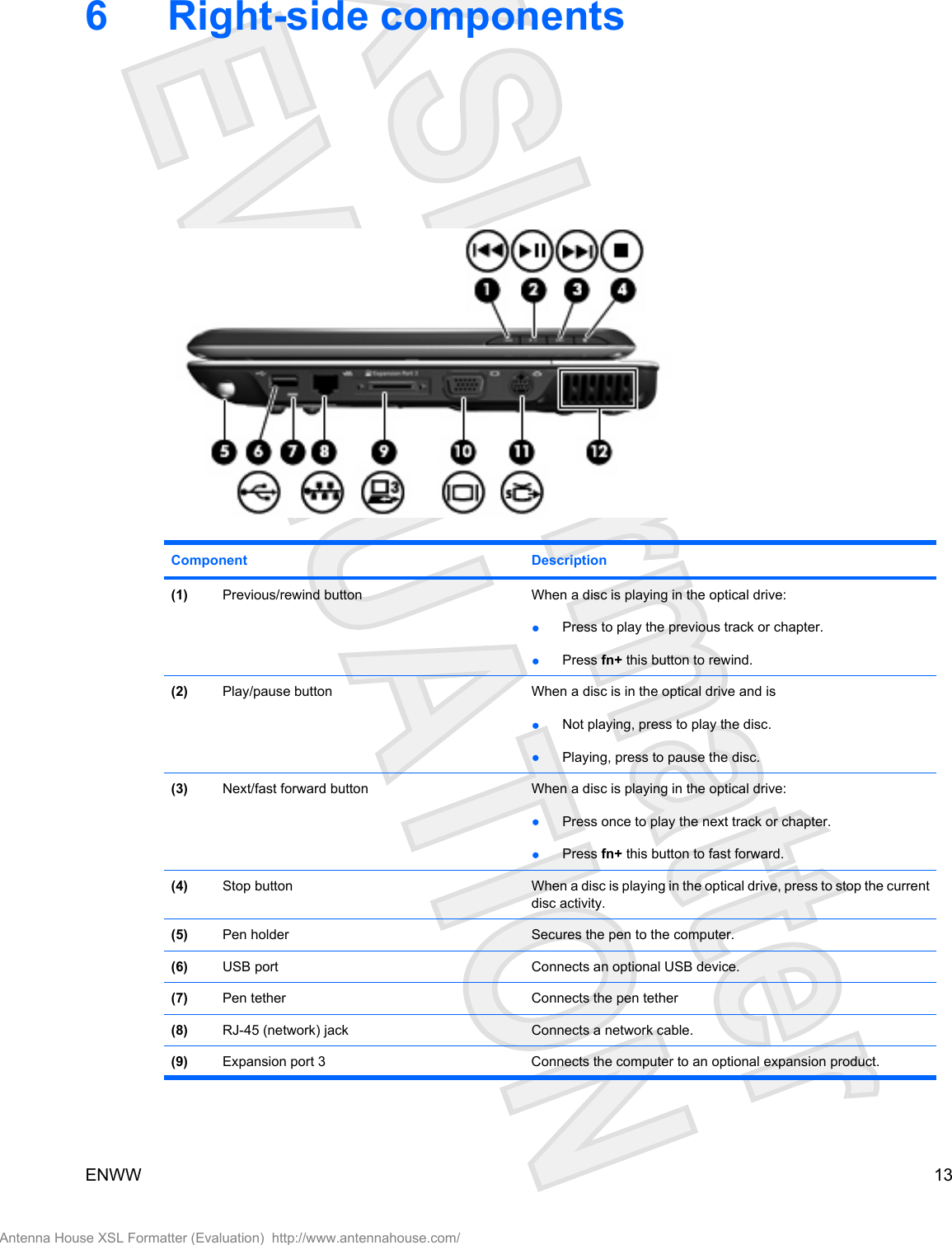 6 Right-side componentsComponent Description(1) Previous/rewind button When a disc is playing in the optical drive:●Press to play the previous track or chapter.●Press fn+ this button to rewind.(2) Play/pause button When a disc is in the optical drive and is●Not playing, press to play the disc.●Playing, press to pause the disc.(3) Next/fast forward button When a disc is playing in the optical drive:●Press once to play the next track or chapter.●Press fn+ this button to fast forward.(4) Stop button When a disc is playing in the optical drive, press to stop the currentdisc activity.(5) Pen holder Secures the pen to the computer.(6) USB port Connects an optional USB device.(7) Pen tether Connects the pen tether(8) RJ-45 (network) jack Connects a network cable.(9) Expansion port 3 Connects the computer to an optional expansion product.ENWW 13Antenna House XSL Formatter (Evaluation)  http://www.antennahouse.com/