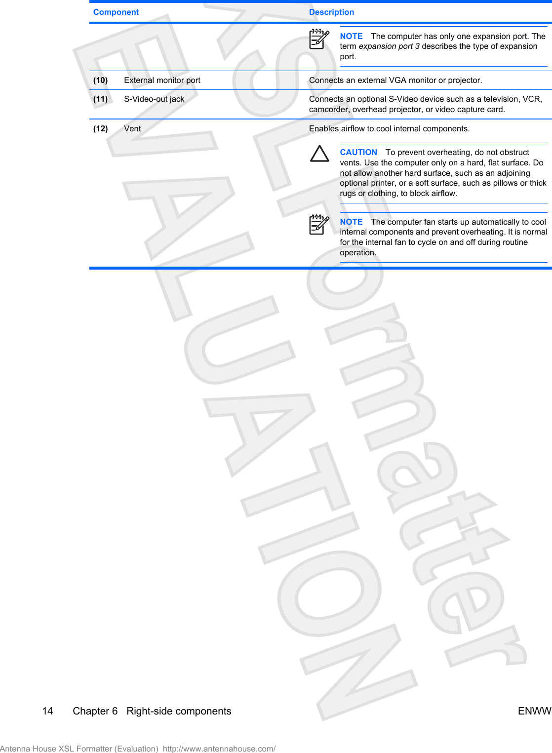Component DescriptionNOTE The computer has only one expansion port. Theterm expansion port 3 describes the type of expansionport.(10) External monitor port Connects an external VGA monitor or projector.(11) S-Video-out jack Connects an optional S-Video device such as a television, VCR,camcorder, overhead projector, or video capture card.(12) Vent Enables airflow to cool internal components.CAUTION To prevent overheating, do not obstructvents. Use the computer only on a hard, flat surface. Donot allow another hard surface, such as an adjoiningoptional printer, or a soft surface, such as pillows or thickrugs or clothing, to block airflow.NOTE The computer fan starts up automatically to coolinternal components and prevent overheating. It is normalfor the internal fan to cycle on and off during routineoperation.14 Chapter 6   Right-side components ENWWAntenna House XSL Formatter (Evaluation)  http://www.antennahouse.com/