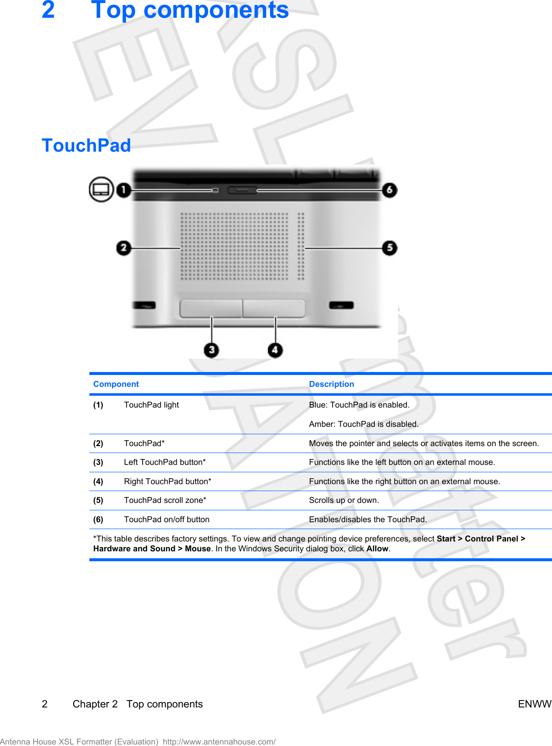 2 Top componentsTouchPadComponent Description(1) TouchPad light Blue: TouchPad is enabled.Amber: TouchPad is disabled.(2) TouchPad* Moves the pointer and selects or activates items on the screen.(3) Left TouchPad button* Functions like the left button on an external mouse.(4) Right TouchPad button* Functions like the right button on an external mouse.(5) TouchPad scroll zone* Scrolls up or down.(6) TouchPad on/off button Enables/disables the TouchPad.*This table describes factory settings. To view and change pointing device preferences, select Start &gt; Control Panel &gt;Hardware and Sound &gt; Mouse. In the Windows Security dialog box, click Allow.2 Chapter 2   Top components ENWWAntenna House XSL Formatter (Evaluation)  http://www.antennahouse.com/