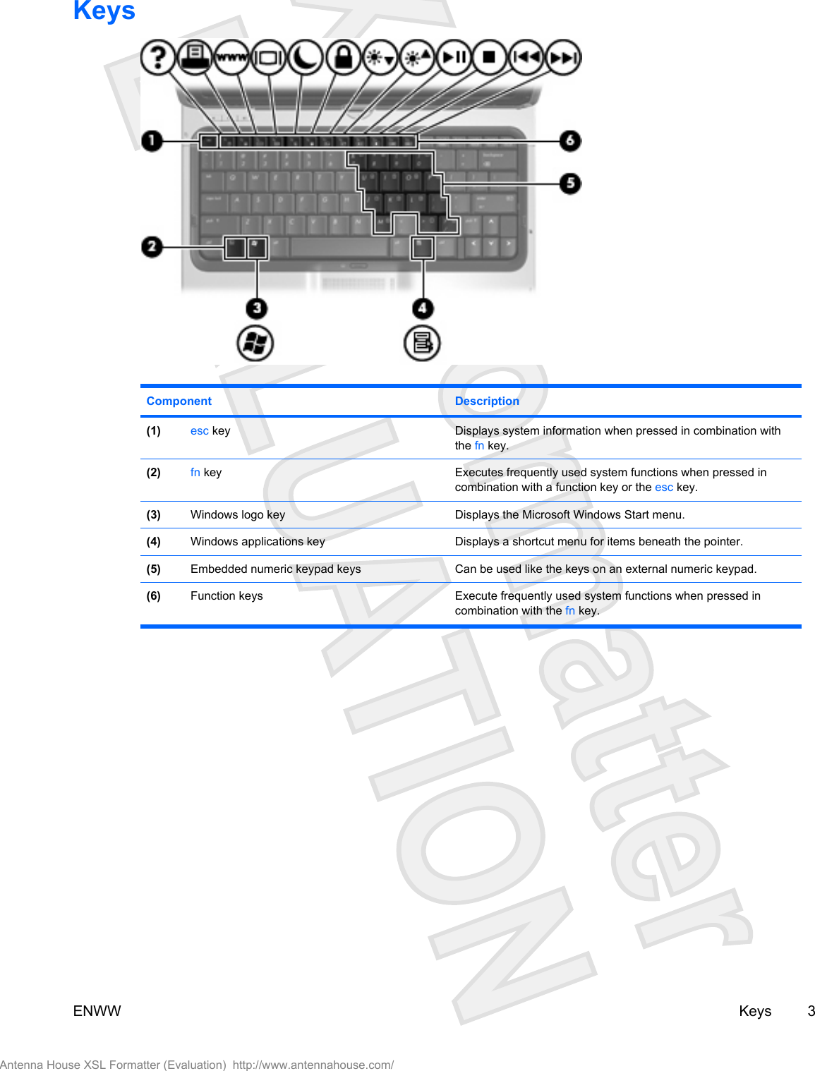 KeysComponent Description(1) esc key Displays system information when pressed in combination withthe fn key.(2) fn key Executes frequently used system functions when pressed incombination with a function key or the esc key.(3) Windows logo key Displays the Microsoft Windows Start menu.(4) Windows applications key Displays a shortcut menu for items beneath the pointer.(5) Embedded numeric keypad keys Can be used like the keys on an external numeric keypad.(6) Function keys Execute frequently used system functions when pressed incombination with the fn key.ENWW Keys 3Antenna House XSL Formatter (Evaluation)  http://www.antennahouse.com/