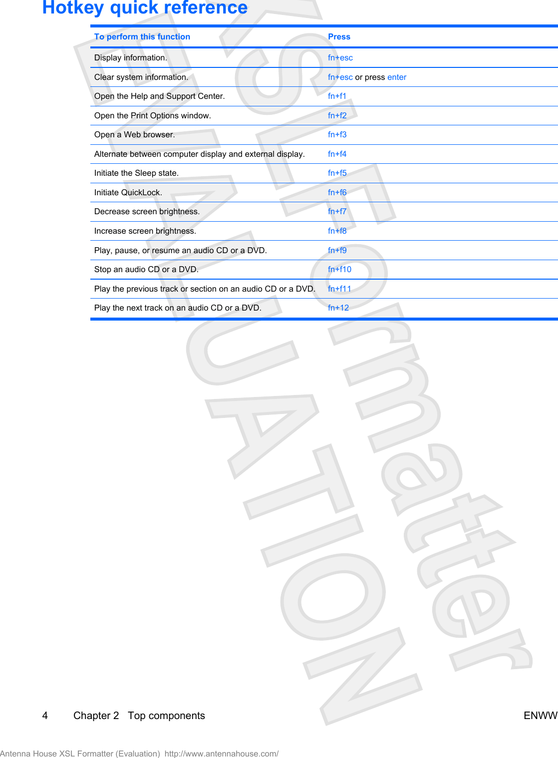 Hotkey quick referenceTo perform this function PressDisplay information. fn+escClear system information. fn+esc or press enterOpen the Help and Support Center. fn+f1Open the Print Options window. fn+f2Open a Web browser. fn+f3Alternate between computer display and external display. fn+f4Initiate the Sleep state. fn+f5Initiate QuickLock. fn+f6Decrease screen brightness. fn+f7Increase screen brightness. fn+f8Play, pause, or resume an audio CD or a DVD. fn+f9Stop an audio CD or a DVD. fn+f10Play the previous track or section on an audio CD or a DVD. fn+f11Play the next track on an audio CD or a DVD. fn+124 Chapter 2   Top components ENWWAntenna House XSL Formatter (Evaluation)  http://www.antennahouse.com/