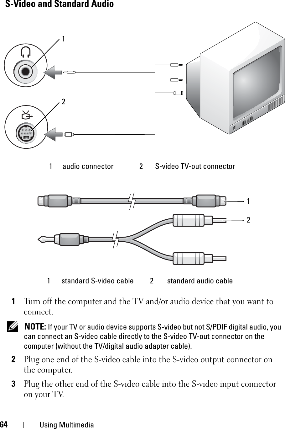 64 Using MultimediaS-Video and Standard Audio1Turn off the computer and the TV and/or audio device that you want to connect.NOTE: If your TV or audio device supports S-video but not S/PDIF digital audio, you can connect an S-video cable directly to the S-video TV-out connector on the computer (without the TV/digital audio adapter cable).2Plug one end of the S-video cable into the S-video output connector on the computer.3Plug the other end of the S-video cable into the S-video input connector on your TV.1 audio connector 2 S-video TV-out connector1 standard S-video cable 2 standard audio cable1212