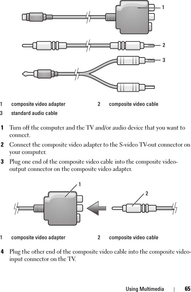 Using Multimedia 651Turn off the computer and the TV and/or audio device that you want to connect.2Connect the composite video adapter to the S-video TV-out connector on your computer.3Plug one end of the composite video cable into the composite video-output connector on the composite video adapter.4Plug the other end of the composite video cable into the composite video-input connector on the TV.1 composite video adapter  2 composite video cable3 standard audio cable1 composite video adapter  2 composite video cable12321