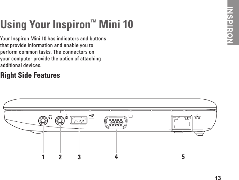 13INSPIRONUsing Your Inspiron™ Mini 10Your Inspiron Mini 10 has indicators and buttons that provide information and enable you to perform common tasks. The connectors on your computer provide the option of attaching additional devices.Right Side Features1 2 3 4 5