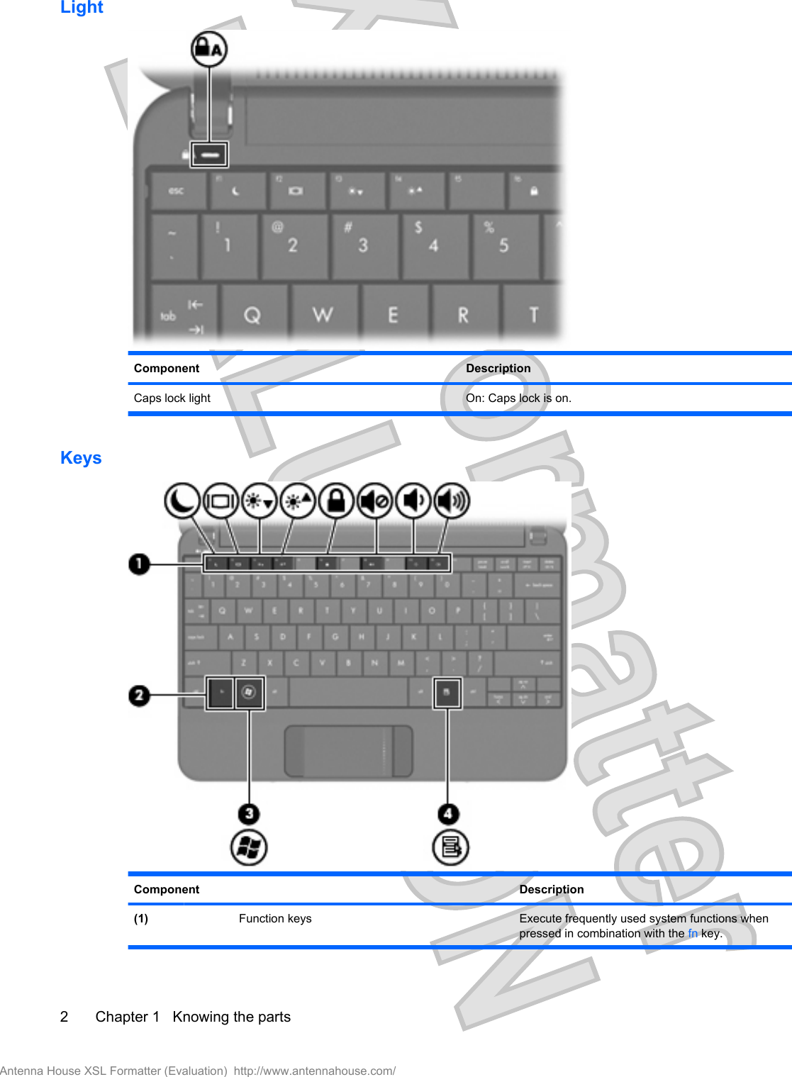 LightComponent DescriptionCaps lock light On: Caps lock is on.KeysComponent Description(1)  Function keys Execute frequently used system functions whenpressed in combination with the fn key.2 Chapter 1   Knowing the partsAntenna House XSL Formatter (Evaluation)  http://www.antennahouse.com/