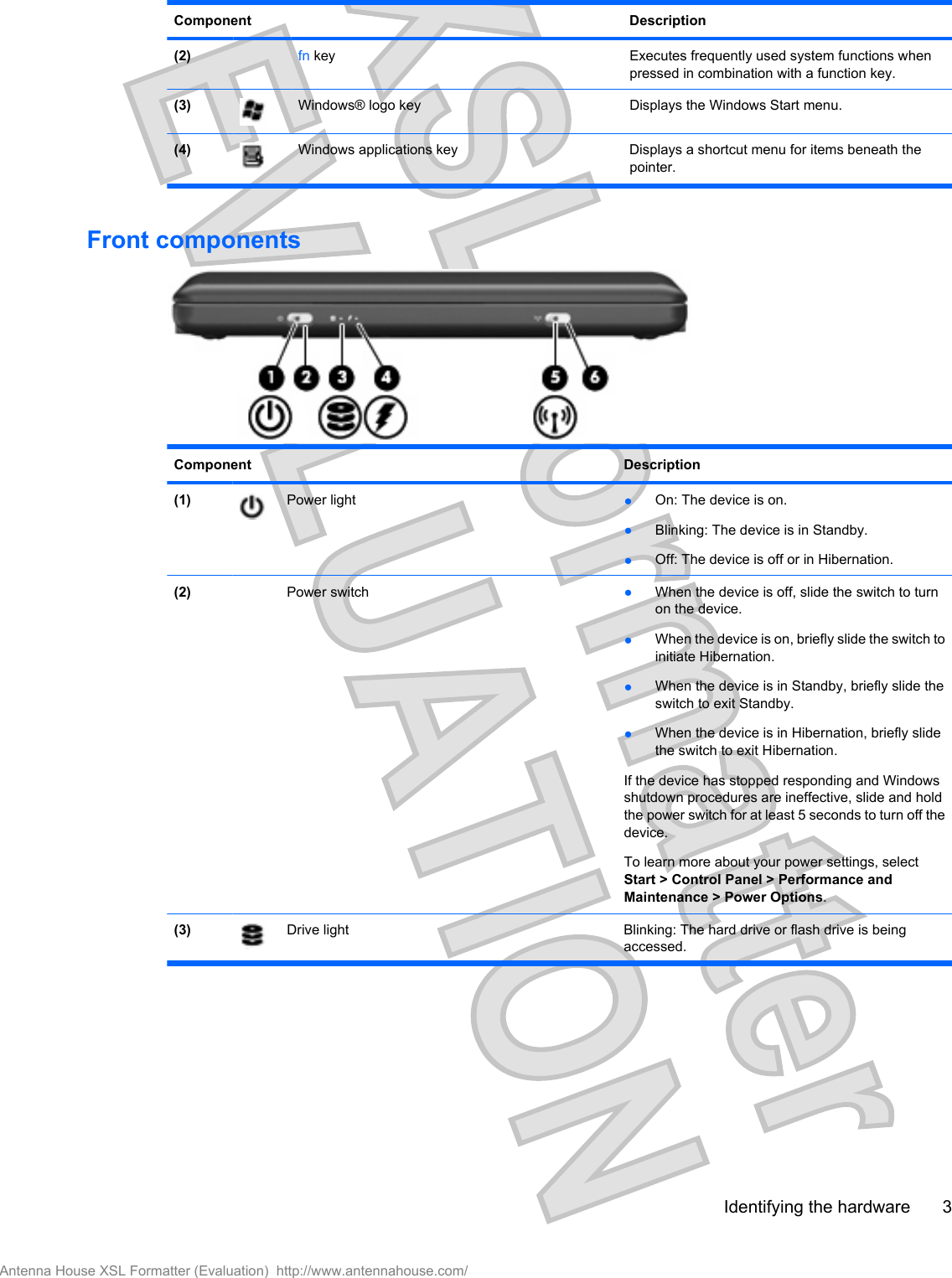 Component Description(2)  fn key Executes frequently used system functions whenpressed in combination with a function key.(3) Windows® logo key Displays the Windows Start menu.(4) Windows applications key Displays a shortcut menu for items beneath thepointer.Front componentsComponent Description(1) Power light ●On: The device is on.●Blinking: The device is in Standby.●Off: The device is off or in Hibernation.(2)  Power switch ●When the device is off, slide the switch to turnon the device.●When the device is on, briefly slide the switch toinitiate Hibernation.●When the device is in Standby, briefly slide theswitch to exit Standby.●When the device is in Hibernation, briefly slidethe switch to exit Hibernation.If the device has stopped responding and Windowsshutdown procedures are ineffective, slide and holdthe power switch for at least 5 seconds to turn off thedevice.To learn more about your power settings, selectStart &gt; Control Panel &gt; Performance andMaintenance &gt; Power Options.(3) Drive light Blinking: The hard drive or flash drive is beingaccessed.Identifying the hardware 3Antenna House XSL Formatter (Evaluation)  http://www.antennahouse.com/