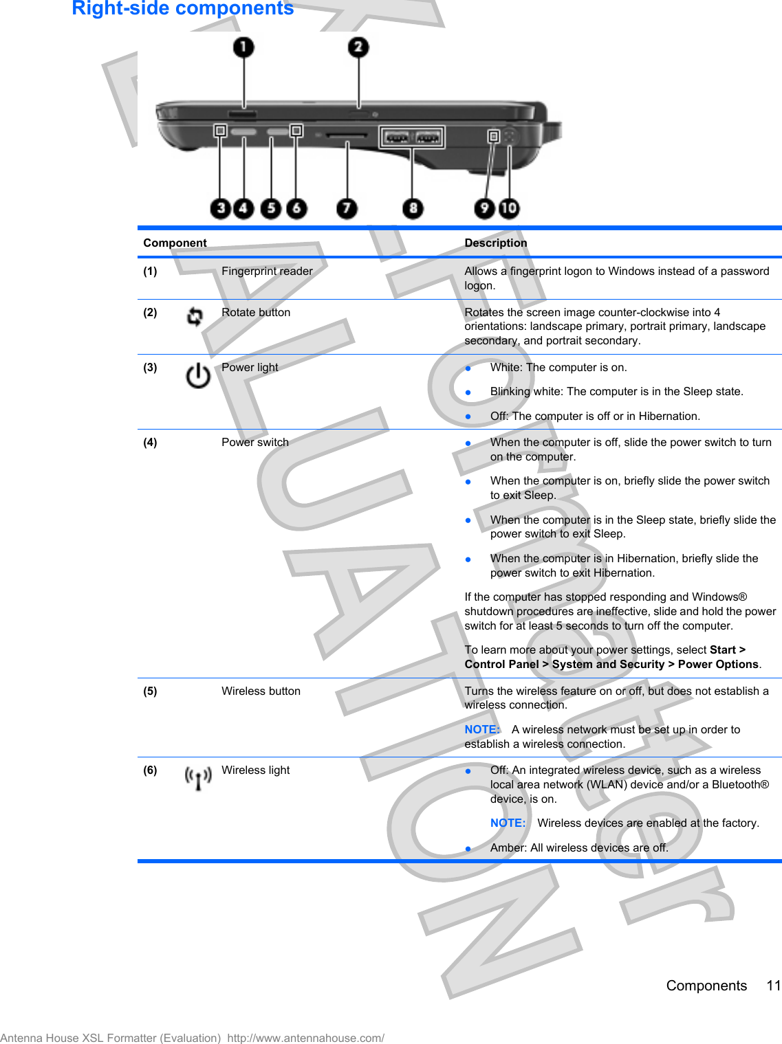 Right-side componentsComponent Description(1) Fingerprint reader Allows a fingerprint logon to Windows instead of a passwordlogon.(2) Rotate button Rotates the screen image counter-clockwise into 4orientations: landscape primary, portrait primary, landscapesecondary, and portrait secondary.(3) Power light łWhite: The computer is on.łBlinking white: The computer is in the Sleep state.łOff: The computer is off or in Hibernation.(4) Power switch łWhen the computer is off, slide the power switch to turnon the computer.łWhen the computer is on, briefly slide the power switchto exit Sleep.łWhen the computer is in the Sleep state, briefly slide thepower switch to exit Sleep.łWhen the computer is in Hibernation, briefly slide thepower switch to exit Hibernation.If the computer has stopped responding and Windows®shutdown procedures are ineffective, slide and hold the powerswitch for at least 5 seconds to turn off the computer.To learn more about your power settings, select Start &gt;Control Panel &gt; System and Security &gt; Power Options.(5) Wireless button Turns the wireless feature on or off, but does not establish awireless connection.NOTE: A wireless network must be set up in order toestablish a wireless connection.(6) Wireless light łOff: An integrated wireless device, such as a wirelesslocal area network (WLAN) device and/or a Bluetooth®device, is on.NOTE: Wireless devices are enabled at the factory.łAmber: All wireless devices are off.Components 11Antenna House XSL Formatter (Evaluation)  http://www.antennahouse.com/