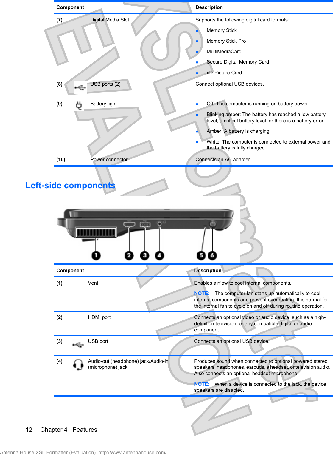 Component Description(7) Digital Media Slot Supports the following digital card formats:łMemory StickłMemory Stick ProłMultiMediaCardłSecure Digital Memory CardłxD-Picture Card(8) USB ports (2) Connect optional USB devices.(9) Battery light łOff: The computer is running on battery power.łBlinking amber: The battery has reached a low batterylevel, a critical battery level, or there is a battery error.łAmber: A battery is charging.łWhite: The computer is connected to external power andthe battery is fully charged.(10)   Power connector Connects an AC adapter.Left-side componentsComponent Description(1) Vent Enables airflow to cool internal components.NOTE: The computer fan starts up automatically to coolinternal components and prevent overheating. It is normal forthe internal fan to cycle on and off during routine operation.(2) HDMI port  Connects an optional video or audio device, such as a high-definition television, or any compatible digital or audiocomponent.(3) USB port Connects an optional USB device.(4) Audio-out (headphone) jack/Audio-in(microphone) jackProduces sound when connected to optional powered stereospeakers, headphones, earbuds, a headset, or television audio.Also connects an optional headset microphone.NOTE: When a device is connected to the jack, the devicespeakers are disabled.12 Chapter 4   FeaturesAntenna House XSL Formatter (Evaluation)  http://www.antennahouse.com/