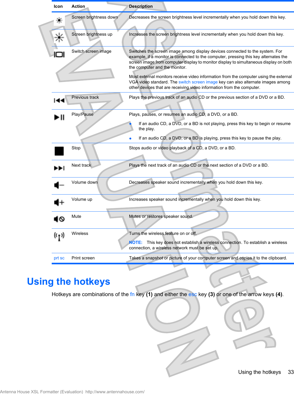 Icon Action DescriptionScreen brightness down Decreases the screen brightness level incrementally when you hold down this key. Screen brightness up Increases the screen brightness level incrementally when you hold down this key.Switch screen image Switches the screen image among display devices connected to the system. Forexample, if a monitor is connected to the computer, pressing this key alternates thescreen image from computer display to monitor display to simultaneous display on boththe computer and the monitor. Most external monitors receive video information from the computer using the externalVGA video standard. The switch screen image key can also alternate images amongother devices that are receiving video information from the computer.Previous track Plays the previous track of an audio CD or the previous section of a DVD or a BD.Play/Pause Plays, pauses, or resumes an audio CD, a DVD, or a BD.łIf an audio CD, a DVD, or a BD is not playing, press this key to begin or resumethe play.łIf an audio CD, a DVD, or a BD is playing, press this key to pause the play.Stop Stops audio or video playback of a CD, a DVD, or a BD.Next track Plays the next track of an audio CD or the next section of a DVD or a BD.Volume down Decreases speaker sound incrementally when you hold down this key.Volume up Increases speaker sound incrementally when you hold down this key.Mute Mutes or restores speaker sound. Wireless Turns the wireless feature on or off. NOTE: This key does not establish a wireless connection. To establish a wirelessconnection, a wireless network must be set up.prt sc Print screen Takes a snapshot or picture of your computer screen and copies it to the clipboard.Using the hotkeysHotkeys are combinations of the fn key (1) and either the esc key (3) or one of the arrow keys (4).Using the hotkeys 33Antenna House XSL Formatter (Evaluation)  http://www.antennahouse.com/