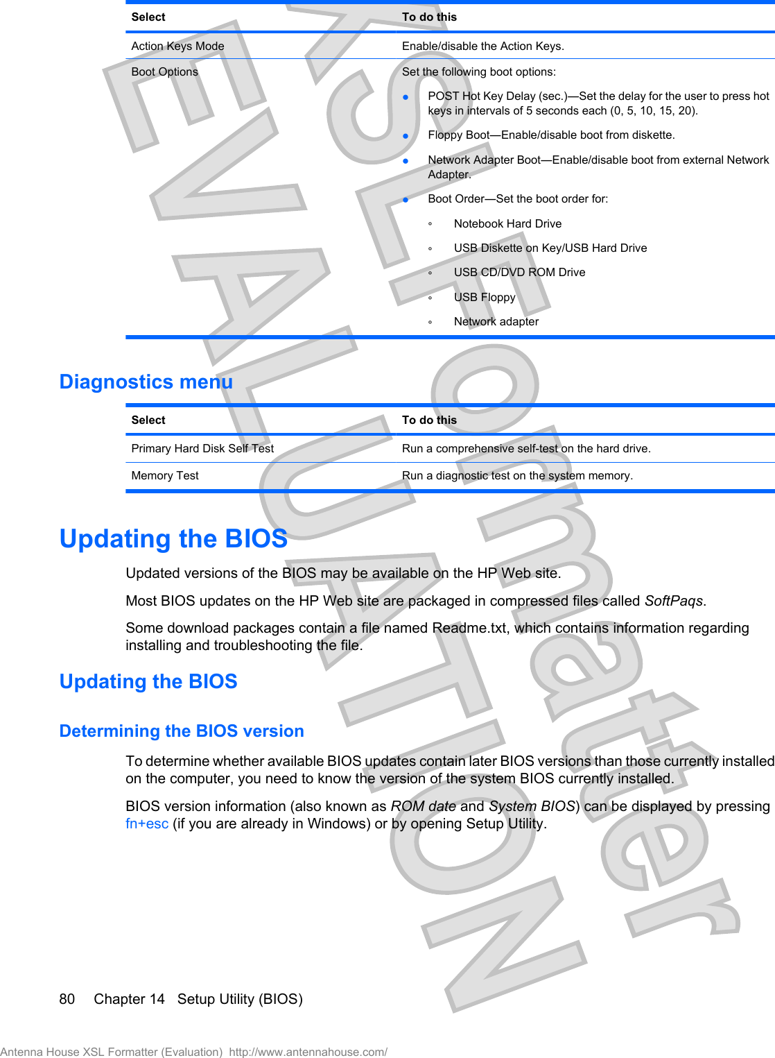 Select To do thisAction Keys Mode Enable/disable the Action Keys.Boot Options Set the following boot options:łPOST Hot Key Delay (sec.)ʊSet the delay for the user to press hotkeys in intervals of 5 seconds each (0, 5, 10, 15, 20).łFloppy BootʊEnable/disable boot from diskette.łNetwork Adapter BootʊEnable/disable boot from external NetworkAdapter.łBoot OrderʊSet the boot order for:ŃNotebook Hard DriveŃUSB Diskette on Key/USB Hard DriveŃUSB CD/DVD ROM DriveŃUSB FloppyŃNetwork adapterDiagnostics menuSelect To do thisPrimary Hard Disk Self Test Run a comprehensive self-test on the hard drive.Memory Test Run a diagnostic test on the system memory.Updating the BIOSUpdated versions of the BIOS may be available on the HP Web site.Most BIOS updates on the HP Web site are packaged in compressed files called SoftPaqs.Some download packages contain a file named Readme.txt, which contains information regardinginstalling and troubleshooting the file.Updating the BIOSDetermining the BIOS versionTo determine whether available BIOS updates contain later BIOS versions than those currently installedon the computer, you need to know the version of the system BIOS currently installed.BIOS version information (also known as ROM date and System BIOS) can be displayed by pressingfn+esc (if you are already in Windows) or by opening Setup Utility.80 Chapter 14   Setup Utility (BIOS)Antenna House XSL Formatter (Evaluation)  http://www.antennahouse.com/