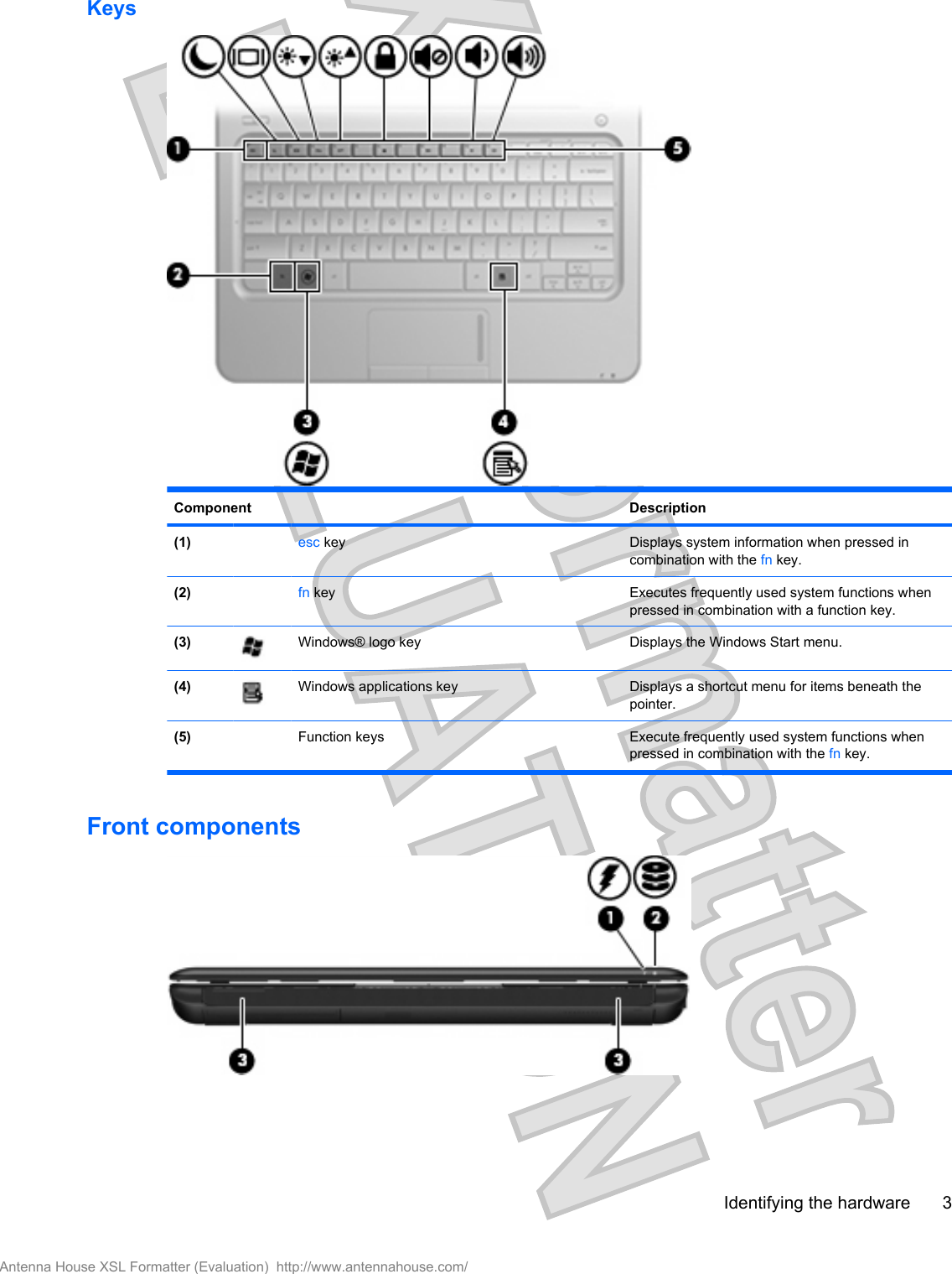 KeysComponent Description(1)  esc key Displays system information when pressed incombination with the fn key.(2)  fn key Executes frequently used system functions whenpressed in combination with a function key.(3) Windows® logo key Displays the Windows Start menu.(4) Windows applications key Displays a shortcut menu for items beneath thepointer.(5)  Function keys Execute frequently used system functions whenpressed in combination with the fn key.Front componentsIdentifying the hardware 3Antenna House XSL Formatter (Evaluation)  http://www.antennahouse.com/