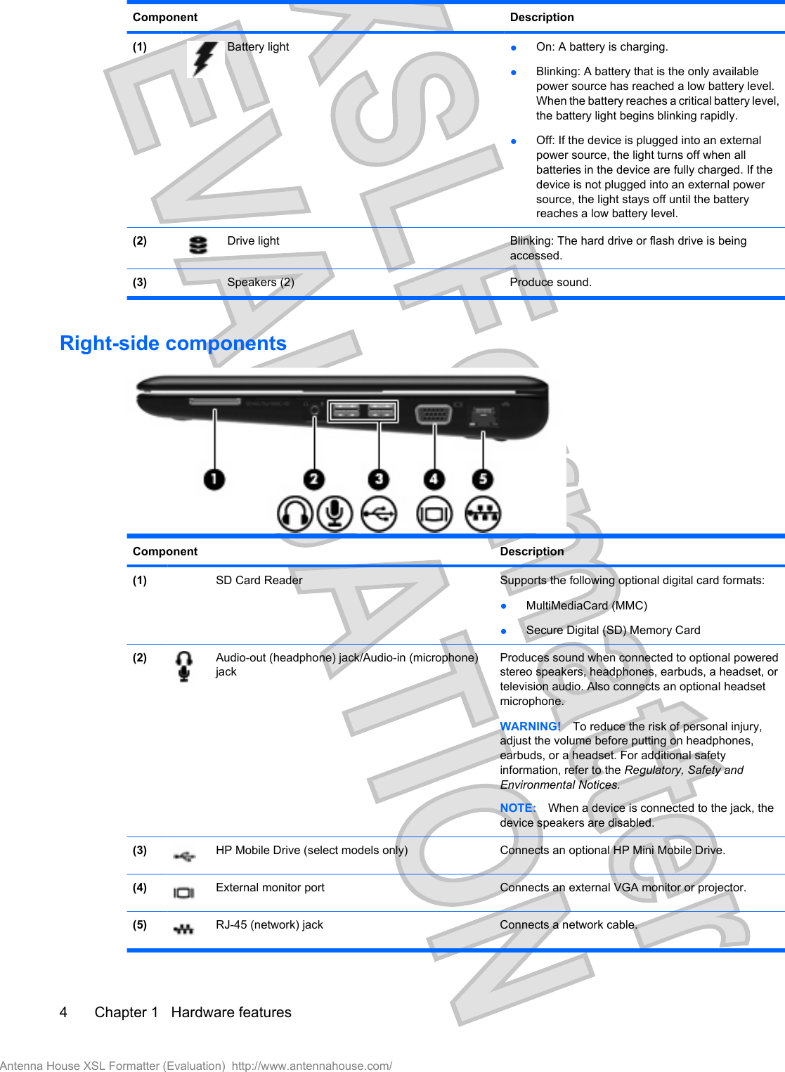 Component Description(1) Battery light ●On: A battery is charging.●Blinking: A battery that is the only availablepower source has reached a low battery level.When the battery reaches a critical battery level,the battery light begins blinking rapidly.●Off: If the device is plugged into an externalpower source, the light turns off when allbatteries in the device are fully charged. If thedevice is not plugged into an external powersource, the light stays off until the batteryreaches a low battery level.(2) Drive light Blinking: The hard drive or flash drive is beingaccessed.(3)  Speakers (2) Produce sound.Right-side componentsComponent Description(1)  SD Card Reader Supports the following optional digital card formats:●MultiMediaCard (MMC)●Secure Digital (SD) Memory Card(2) Audio-out (headphone) jack/Audio-in (microphone)jackProduces sound when connected to optional poweredstereo speakers, headphones, earbuds, a headset, ortelevision audio. Also connects an optional headsetmicrophone.WARNING! To reduce the risk of personal injury,adjust the volume before putting on headphones,earbuds, or a headset. For additional safetyinformation, refer to the Regulatory, Safety andEnvironmental Notices.NOTE: When a device is connected to the jack, thedevice speakers are disabled.(3) HP Mobile Drive (select models only) Connects an optional HP Mini Mobile Drive.(4) External monitor port Connects an external VGA monitor or projector.(5) RJ-45 (network) jack Connects a network cable.4 Chapter 1   Hardware featuresAntenna House XSL Formatter (Evaluation)  http://www.antennahouse.com/