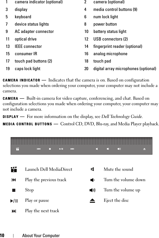 10 About Your ComputerCAMERA INDICATOR —Indicates that the camera is on. Based on configuration selections you made when ordering your computer, your computer may not include a camera.CAMERA —Built-in camera for video capture, conferencing, and chat. Based on configuration selections you made when ordering your computer, your computer may not include a camera. DISPLAY —For more information on the display, see Dell Technology Guide.MEDIA CONTROL BUTTONS —Control CD, DVD, Blu-ray, and Media Player playback.1 camera indicator (optional) 2 camera (optional)3 display 4 media control buttons (9) 5 keyboard 6 num lock light7 device status lights 8 power button 9 AC adapter connector  10 battery status light11 optical drive  12 USB connectors (2) 13 IEEE connector  14 fingerprint reader (optional)15 consumer IR 16 analog microphone 17 touch pad buttons (2) 18 touch pad19 caps lock light 20 digital array microphones (optional)Launch Dell MediaDirect Mute the soundPlay the previous track Turn the volume downStop Turn the volume upPlay or pause Eject the discPlay the next track