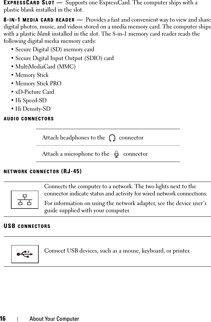 16 About Your ComputerEXPRESSCARD SLOT —Supports one ExpressCard. The computer ships with a plastic blank installed in the slot.8-IN-1 MEDIA CARD READER —Provides a fast and convenient way to view and share digital photos, music, and videos stored on a media memory card. The computer ships with a plastic blank installed in the slot. The 8-in-1 memory card reader reads the following digital media memory cards:• Secure Digital (SD) memory card• Secure Digital Input Output (SDIO) card• MultiMediaCard (MMC)•Memory Stick • Memory Stick PRO • xD-Picture Card • Hi Speed-SD• Hi Density-SDAUDIO CONNECTORSNETWORK CONNECTOR (RJ-45)USB CONNECTORS Attach headphones to the   connectorAttach a microphone to the   connectorConnects the computer to a network. The two lights next to the connector indicate status and activity for wired network connections.For information on using the network adapter, see the device user’s guide supplied with your computer.Connect USB devices, such as a mouse, keyboard, or printer.