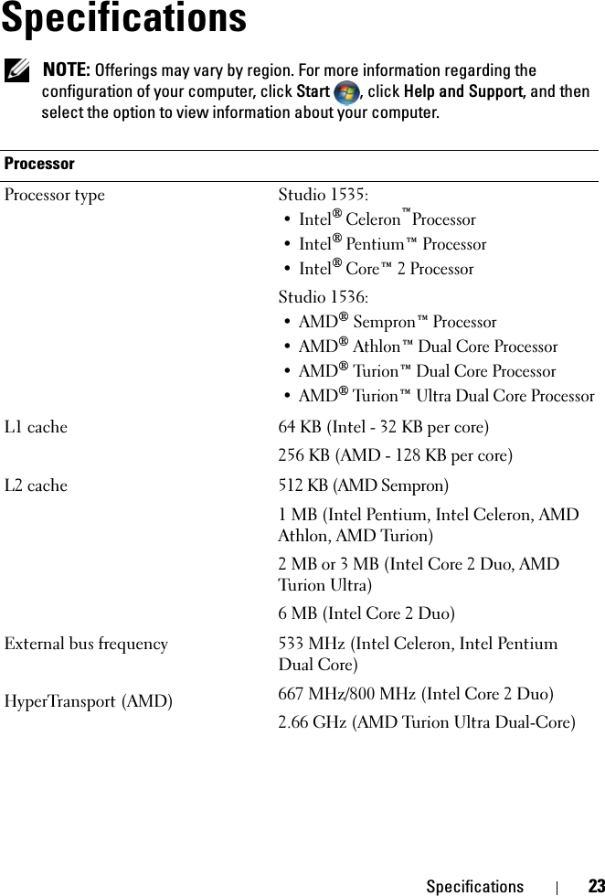 Specifications 23Specifications NOTE: Offerings may vary by region. For more information regarding the configuration of your computer, click Start  , click Help and Support, and then select the option to view information about your computer.ProcessorProcessor type Studio 1535:•Intel® Celeron™Processor•Intel® Pentium™ Processor•Intel® Core™ 2 ProcessorStudio 1536:•AMD® Sempron™ Processor•AMD® Athlon™ Dual Core Processor•AMD® Turion™ Dual Core Processor•AMD® Turion™ Ultra Dual Core ProcessorL1 cache 64 KB (Intel - 32 KB per core)256 KB (AMD - 128 KB per core)L2 cache 512 KB (AMD Sempron)1 MB (Intel Pentium, Intel Celeron, AMD Athlon, AMD Turion)2 MB or 3 MB (Intel Core 2 Duo, AMD Turion Ultra)6 MB (Intel Core 2 Duo)External bus frequency HyperTransport (AMD)533 MHz (Intel Celeron, Intel Pentium Dual Core)667 MHz/800 MHz (Intel Core 2 Duo)2.66 GHz (AMD Turion Ultra Dual-Core)