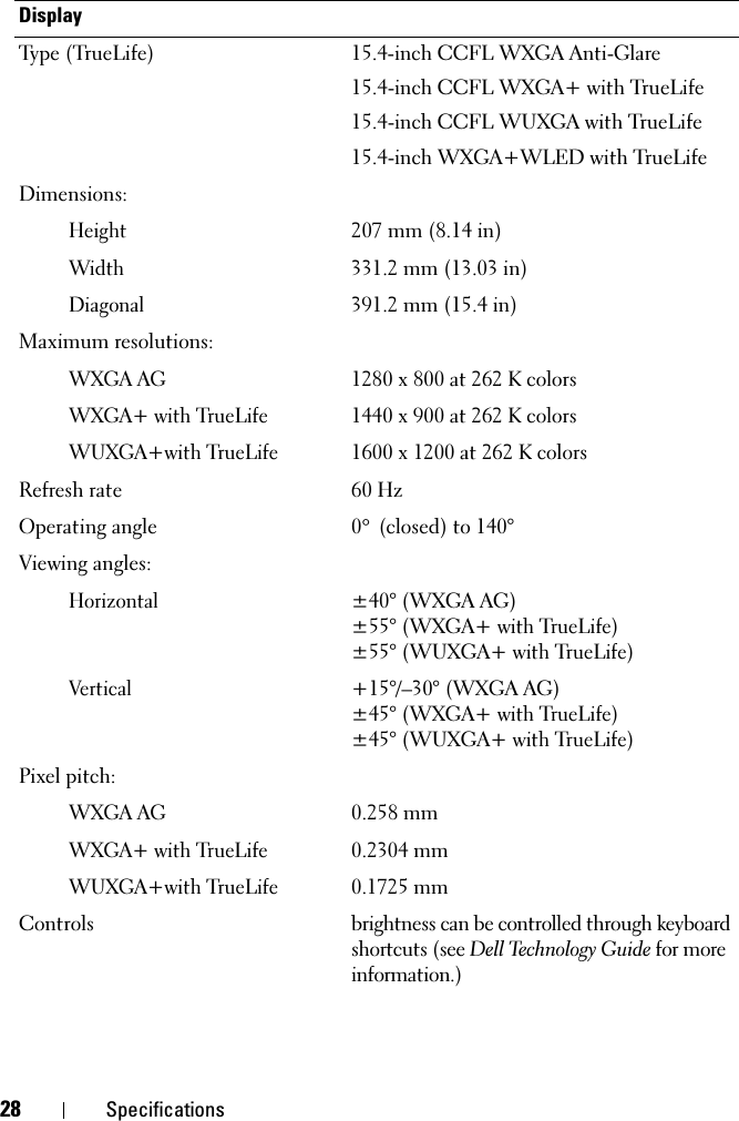 28 SpecificationsDisplayType (TrueLife) 15.4-inch CCFL WXGA Anti-Glare15.4-inch CCFL WXGA+ with TrueLife15.4-inch CCFL WUXGA with TrueLife15.4-inch WXGA+WLED with TrueLifeDimensions:Height207 mm (8.14 in) Width331.2 mm (13.03 in)Diagonal391.2 mm (15.4 in) Maximum resolutions:WXGA AG1280 x 800 at 262 K colorsWXGA+ with TrueLife1440 x 900 at 262 K colorsWUXGA+with TrueLife1600 x 1200 at 262 K colorsRefresh rate 60 HzOperating angle 0° (closed) to 140°Viewing angles:Horizontal±40° (WXGA AG)±55° (WXGA+ with TrueLife) ±55° (WUXGA+ with TrueLife)Vertical+15°/–30° (WXGA AG)±45° (WXGA+ with TrueLife) ±45° (WUXGA+ with TrueLife)Pixel pitch:WXGA AG0.258 mmWXGA+ with TrueLife0.2304 mmWUXGA+with TrueLife0.1725 mmControls brightness can be controlled through keyboard shortcuts (see Dell Technology Guide for more information.)