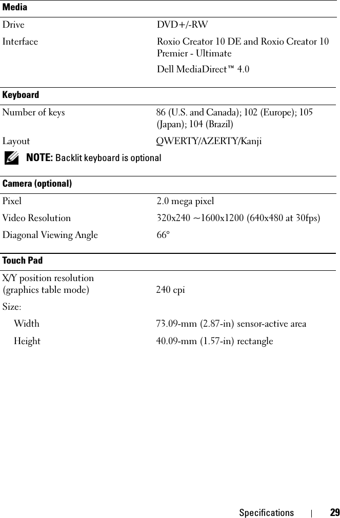 Specifications 29MediaDrive DVD+/-RWInterface Roxio Creator 10 DE and Roxio Creator 10 Premier - UltimateDell MediaDirect™ 4.0KeyboardNumber of keys 86 (U.S. and Canada); 102 (Europe); 105 (Japan); 104 (Brazil)Layout QWERTY/AZERTY/Kanji NOTE: Backlit keyboard is optionalCamera (optional)Pixel 2.0 mega pixelVideo Resolution 320x240 ~1600x1200 (640x480 at 30fps)Diagonal Viewing Angle 66°Touch PadX/Y position resolution (graphics table mode) 240 cpiSize:Width73.09-mm (2.87-in) sensor-active area Height40.09-mm (1.57-in) rectangle