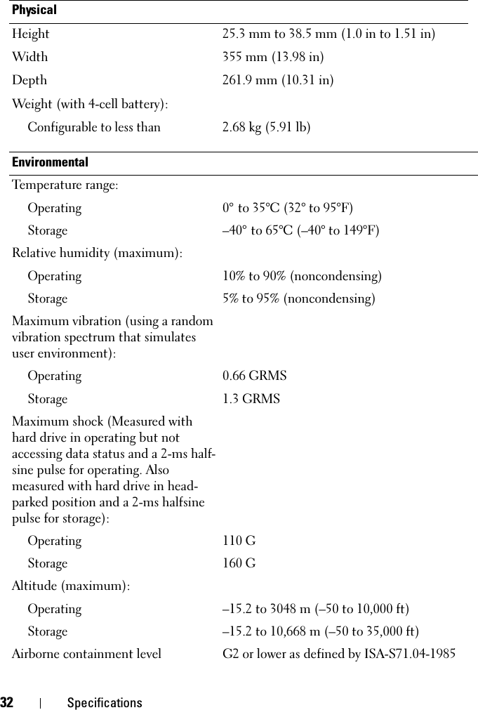 32 SpecificationsPhysicalHeight 25.3 mm to 38.5 mm (1.0 in to 1.51 in) Width 355 mm (13.98 in)Depth 261.9 mm (10.31 in)Weight (with 4-cell battery):Configurable to less than2.68 kg (5.91 lb)EnvironmentalTemperature range:Operating0° to 35°C (32° to 95°F)Storage–40° to 65°C (–40° to 149°F)Relative humidity (maximum):Operating10% to 90% (noncondensing)Storage5% to 95% (noncondensing)Maximum vibration (using a random vibration spectrum that simulates user environment):Operating0.66 GRMSStorage1.3 GRMSMaximum shock (Measured with hard drive in operating but not accessing data status and a 2-ms half-sine pulse for operating. Also measured with hard drive in head-parked position and a 2-ms halfsine pulse for storage):Operating110 GStorage160 GAltitude (maximum):Operating–15.2 to 3048 m (–50 to 10,000 ft)Storage–15.2 to 10,668 m (–50 to 35,000 ft)Airborne containment level G2 or lower as defined by ISA-S71.04-1985
