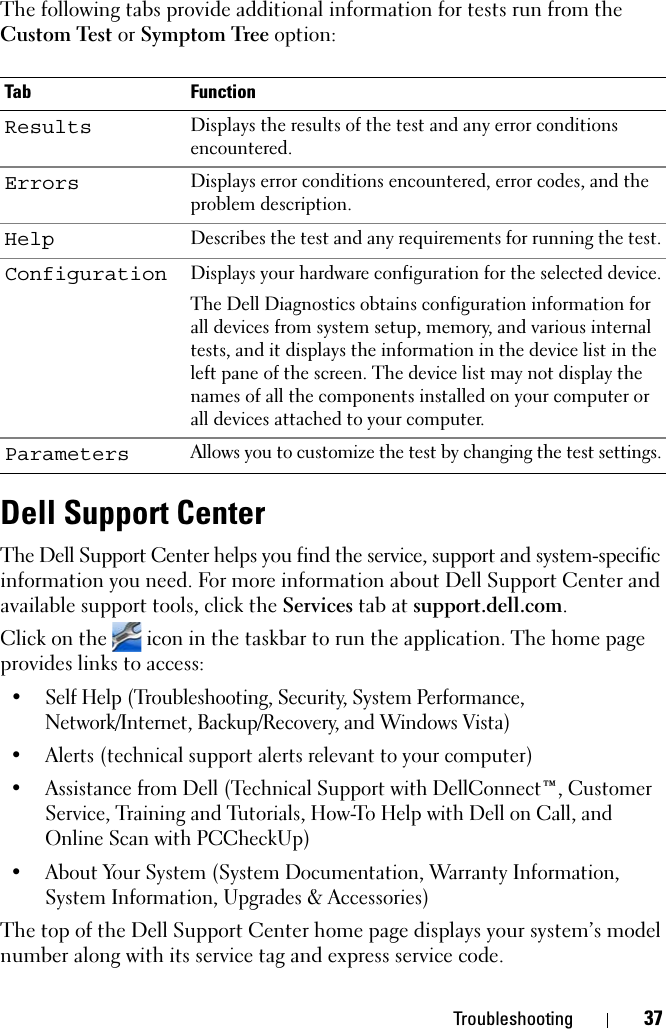 Troubleshooting 37The following tabs provide additional information for tests run from the Custom Test or Symptom Tree option:Dell Support CenterThe Dell Support Center helps you find the service, support and system-specific information you need. For more information about Dell Support Center and available support tools, click the Services tab at support.dell.com. Click on the   icon in the taskbar to run the application. The home page provides links to access:• Self Help (Troubleshooting, Security, System Performance, Network/Internet, Backup/Recovery, and Windows Vista)• Alerts (technical support alerts relevant to your computer)• Assistance from Dell (Technical Support with DellConnect™, Customer Service, Training and Tutorials, How-To Help with Dell on Call, and Online Scan with PCCheckUp)• About Your System (System Documentation, Warranty Information, System Information, Upgrades &amp; Accessories)The top of the Dell Support Center home page displays your system’s model number along with its service tag and express service code. Tab FunctionResults Displays the results of the test and any error conditions encountered.Errors Displays error conditions encountered, error codes, and the problem description.Help Describes the test and any requirements for running the test.Configuration Displays your hardware configuration for the selected device.The Dell Diagnostics obtains configuration information for all devices from system setup, memory, and various internal tests, and it displays the information in the device list in the left pane of the screen. The device list may not display the names of all the components installed on your computer or all devices attached to your computer.Parameters Allows you to customize the test by changing the test settings.