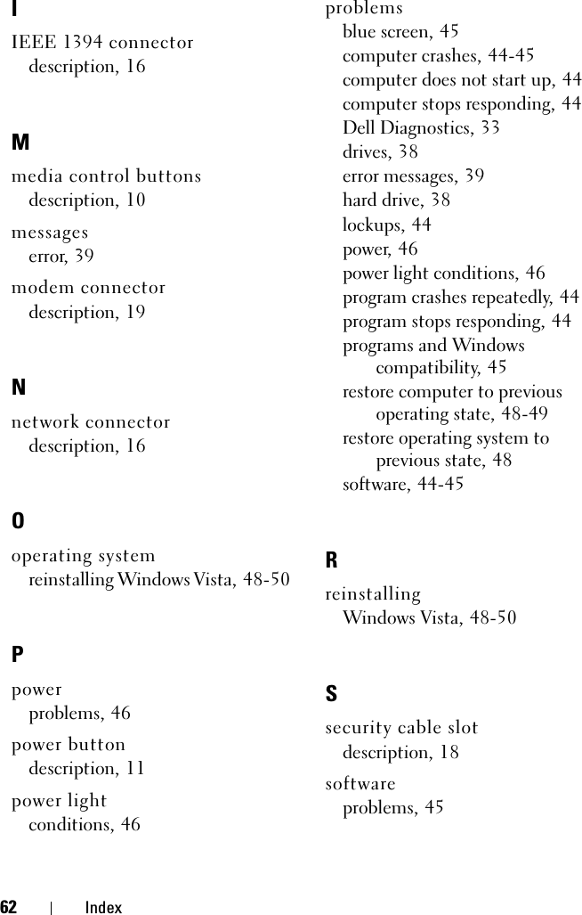 62 IndexIIEEE 1394 connectordescription, 16Mmedia control buttonsdescription, 10messageserror, 39modem connectordescription, 19Nnetwork connectordescription, 16Ooperating systemreinstalling Windows Vista, 48-50Ppowerproblems, 46power buttondescription, 11power lightconditions, 46problemsblue screen, 45computer crashes, 44-45computer does not start up, 44computer stops responding, 44Dell Diagnostics, 33drives, 38error messages, 39hard drive, 38lockups, 44power, 46power light conditions, 46program crashes repeatedly, 44program stops responding, 44programs and Windows compatibility, 45restore computer to previous operating state, 48-49restore operating system to previous state, 48software, 44-45RreinstallingWindows Vista, 48-50Ssecurity cable slotdescription, 18softwareproblems, 45