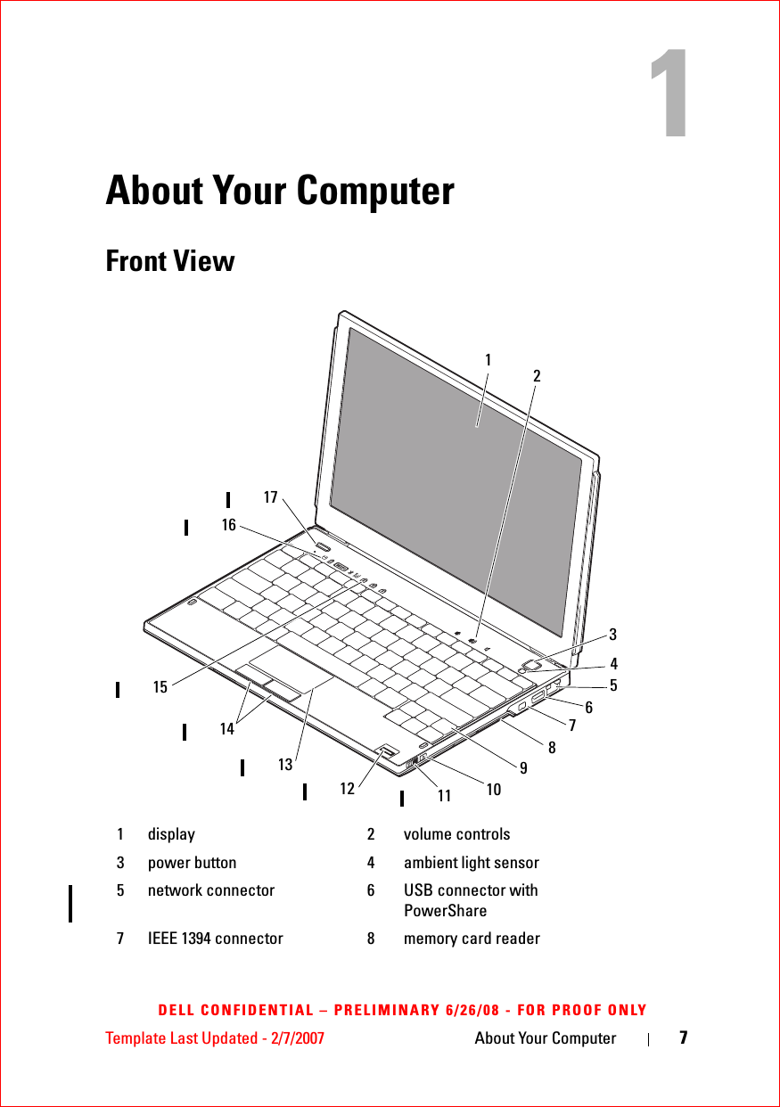 Template Last Updated - 2/7/2007 About Your Computer 7DELL CONFIDENTIAL – PRELIMINARY 6/26/08 - FOR PROOF ONLYAbout Your ComputerFront View 1 display 2 volume controls3 power button 4 ambient light sensor5 network connector 6 USB connector with PowerShare7 IEEE 1394 connector 8 memory card reader2451311126714131716158910