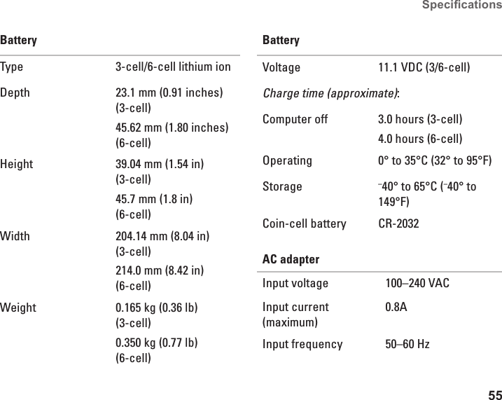 55Specications BatteryType 3-cell/6-cell lithium ion Depth 23.1 mm (0.91 inches) (3-cell)45.62 mm (1.80 inches) (6-cell)Height 39.04 mm (1.54 in)  (3-cell)45.7 mm (1.8 in)  (6-cell)Width 204.14 mm (8.04 in) (3-cell)214.0 mm (8.42 in) (6-cell)Weight 0.165 kg (0.36 lb)  (3-cell)0.350 kg (0.77 lb)  (6-cell)BatteryVoltage 11.1 VDC (3/6-cell)Charge time (approximate):Computer off 3.0 hours (3-cell)4.0 hours (6-cell)Operating 0° to 35°C (32° to 95°F)Storage –40° to 65°C (–40° to 149°F)Coin-cell battery CR-2032AC adapterInput voltage 100–240 VACInput current (maximum)0.8AInput frequency 50–60 Hz