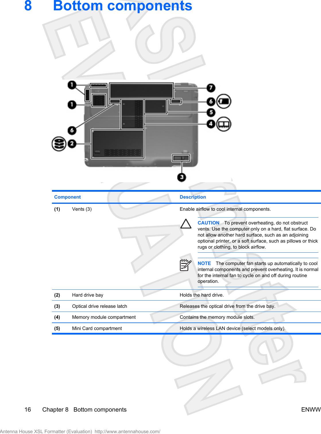 8 Bottom componentsComponent Description(1) Vents (3) Enable airflow to cool internal components.CAUTION To prevent overheating, do not obstructvents. Use the computer only on a hard, flat surface. Donot allow another hard surface, such as an adjoiningoptional printer, or a soft surface, such as pillows or thickrugs or clothing, to block airflow.NOTE The computer fan starts up automatically to coolinternal components and prevent overheating. It is normalfor the internal fan to cycle on and off during routineoperation.(2) Hard drive bay Holds the hard drive.(3) Optical drive release latch Releases the optical drive from the drive bay.(4) Memory module compartment Contains the memory module slots.(5) Mini Card compartment Holds a wireless LAN device (select models only).16 Chapter 8   Bottom components ENWWAntenna House XSL Formatter (Evaluation)  http://www.antennahouse.com/