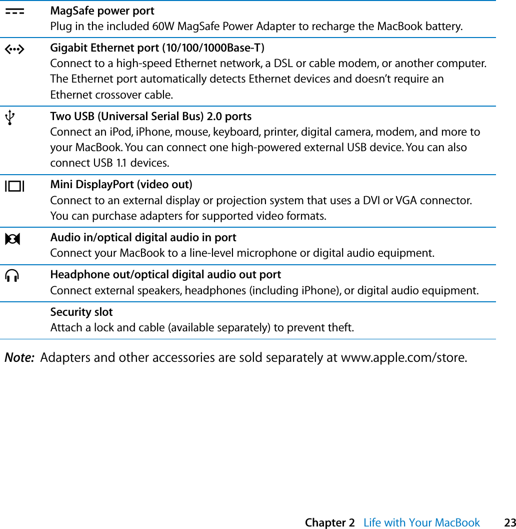  Chapter 2   Life with Your MacBook 23Note:  Adapters and other accessories are sold separately at www.apple.com/store.¯MagSafe power portPlug in the included 60W MagSafe Power Adapter to recharge the MacBook battery.GGigabit Ethernet port (10/100/1000Base-T)Connect to a high-speed Ethernet network, a DSL or cable modem, or another computer. The Ethernet port automatically detects Ethernet devices and doesn’t require an Ethernet crossover cable.dTwo USB (Universal Serial Bus) 2.0 portsConnect an iPod, iPhone, mouse, keyboard, printer, digital camera, modem, and more to your MacBook. You can connect one high-powered external USB device. You can also connect USB 1.1 devices.£Mini DisplayPort (video out)Connect to an external display or projection system that uses a DVI or VGA connector. You can purchase adapters for supported video formats.,Audio in/optical digital audio in portConnect your MacBook to a line-level microphone or digital audio equipment. fHeadphone out/optical digital audio out portConnect external speakers, headphones (including iPhone), or digital audio equipment. Security slotAttach a lock and cable (available separately) to prevent theft.