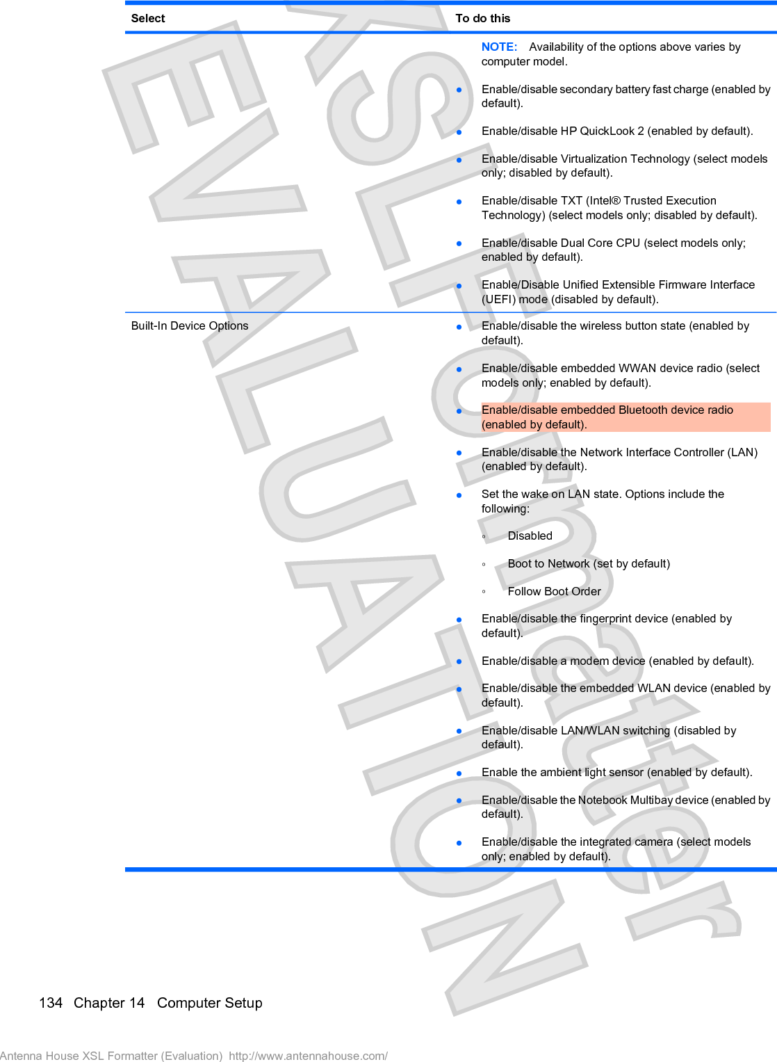 Select To do thisNOTE: Availability of the options above varies bycomputer model.łEnable/disable secondary battery fast charge (enabled bydefault).łEnable/disable HP QuickLook 2 (enabled by default).łEnable/disable Virtualization Technology (select modelsonly; disabled by default).łEnable/disable TXT (Intel® Trusted ExecutionTechnology) (select models only; disabled by default).łEnable/disable Dual Core CPU (select models only;enabled by default).łEnable/Disable Unified Extensible Firmware Interface(UEFI) mode (disabled by default).Built-In Device Options łEnable/disable the wireless button state (enabled bydefault).łEnable/disable embedded WWAN device radio (selectmodels only; enabled by default).łEnable/disable embedded Bluetooth device radio(enabled by default).łEnable/disable the Network Interface Controller (LAN)(enabled by default).łSet the wake on LAN state. Options include thefollowing:ŃDisabledŃBoot to Network (set by default)ŃFollow Boot OrderłEnable/disable the fingerprint device (enabled bydefault).łEnable/disable a modem device (enabled by default).łEnable/disable the embedded WLAN device (enabled bydefault).łEnable/disable LAN/WLAN switching (disabled bydefault).łEnable the ambient light sensor (enabled by default).łEnable/disable the Notebook Multibay device (enabled bydefault).łEnable/disable the integrated camera (select modelsonly; enabled by default).134 Chapter 14   Computer SetupAntenna House XSL Formatter (Evaluation)  http://www.antennahouse.com/