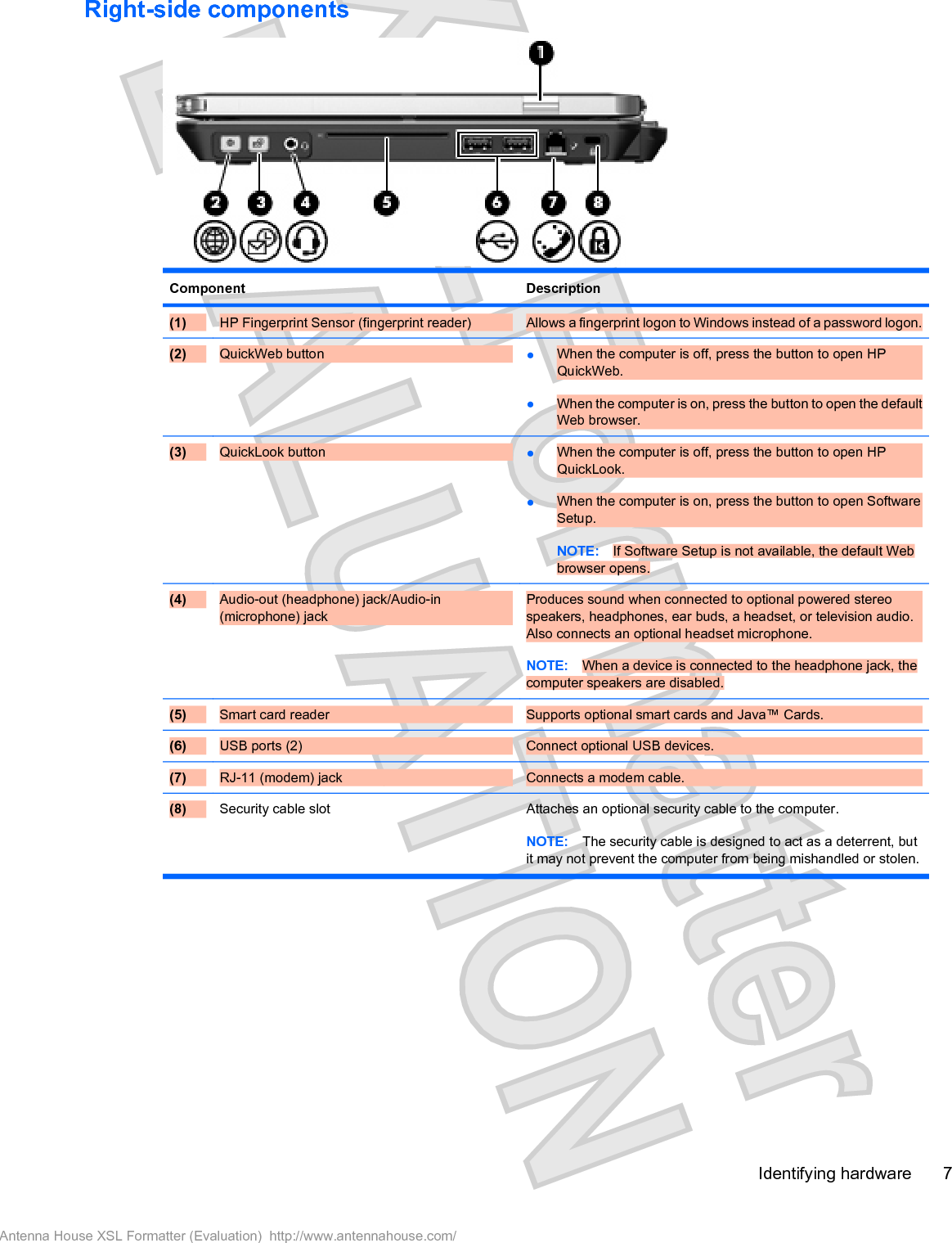 Right-side componentsComponent Description(1) HP Fingerprint Sensor (fingerprint reader) Allows a fingerprint logon to Windows instead of a password logon.(2) QuickWeb button  łWhen the computer is off, press the button to open HPQuickWeb.łWhen the computer is on, press the button to open the defaultWeb browser.(3) QuickLook button  łWhen the computer is off, press the button to open HPQuickLook.łWhen the computer is on, press the button to open SoftwareSetup.NOTE: If Software Setup is not available, the default Webbrowser opens.(4) Audio-out (headphone) jack/Audio-in(microphone) jackProduces sound when connected to optional powered stereospeakers, headphones, ear buds, a headset, or television audio.Also connects an optional headset microphone.NOTE: When a device is connected to the headphone jack, thecomputer speakers are disabled.(5) Smart card reader  Supports optional smart cards and Java™ Cards.(6) USB ports (2)  Connect optional USB devices.(7) RJ-11 (modem) jack  Connects a modem cable.(8) Security cable slot Attaches an optional security cable to the computer.NOTE: The security cable is designed to act as a deterrent, butit may not prevent the computer from being mishandled or stolen.Identifying hardware 7Antenna House XSL Formatter (Evaluation)  http://www.antennahouse.com/