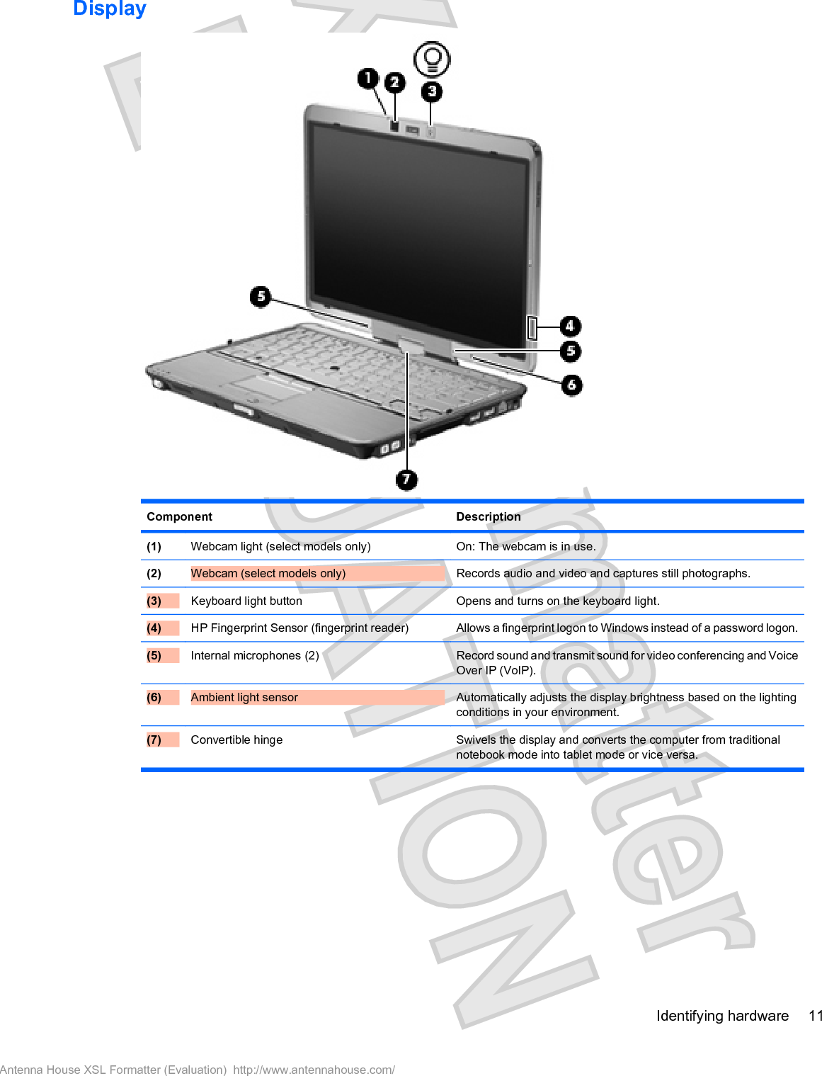 DisplayComponent Description(1) Webcam light (select models only) On: The webcam is in use.(2) Webcam (select models only) Records audio and video and captures still photographs.(3) Keyboard light button Opens and turns on the keyboard light.(4) HP Fingerprint Sensor (fingerprint reader) Allows a fingerprint logon to Windows instead of a password logon.(5) Internal microphones (2) Record sound and transmit sound for video conferencing and VoiceOver IP (VoIP).(6) Ambient light sensor Automatically adjusts the display brightness based on the lightingconditions in your environment.(7) Convertible hinge Swivels the display and converts the computer from traditionalnotebook mode into tablet mode or vice versa.Identifying hardware 11Antenna House XSL Formatter (Evaluation)  http://www.antennahouse.com/