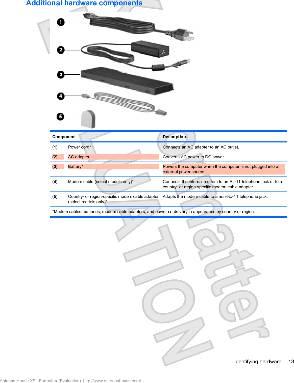 Additional hardware componentsComponent Description(1) Power cord* Connects an AC adapter to an AC outlet.(2) AC adapter Converts AC power to DC power.(3) Battery* Powers the computer when the computer is not plugged into anexternal power source.(4) Modem cable (select models only)* Connects the internal modem to an RJ-11 telephone jack or to acountry- or region-specific modem cable adapter.(5) Country- or region-specific modem cable adapter(select models only)*Adapts the modem cable to a non-RJ-11 telephone jack.*Modem cables, batteries, modem cable adapters, and power cords vary in appearance by country or region.Identifying hardware 13Antenna House XSL Formatter (Evaluation)  http://www.antennahouse.com/