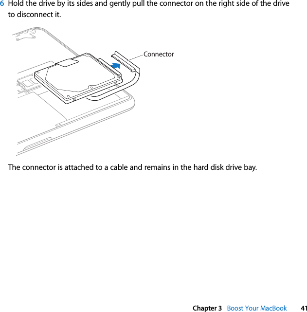  Chapter 3   Boost Your MacBook 416Hold the drive by its sides and gently pull the connector on the right side of the drive to disconnect it.The connector is attached to a cable and remains in the hard disk drive bay.Connector