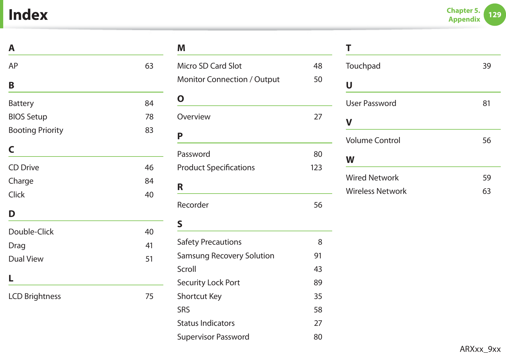 129Chapter 5.  AppendixIndexAAP    63BBattery    84BIOS Setup    78Booting Priority    83CCD Drive    46Charge    84Click    40DDouble-Click    40Drag    41Dual View    51LLCD Brightness    75MMicro SD Card Slot    48Monitor Connection / Output    50OOverview    27PPassword    80Product Specications    123RRecorder    56SSafety Precautions    8Samsung Recovery Solution  91Scroll    43Security Lock Port    89Shortcut Key    35SRS 58Status Indicators    27Supervisor Password  80TTouchpad    39UUser Password    81VVolume Control    56WWired Network    59Wireless Network    63ARXxx_9xx