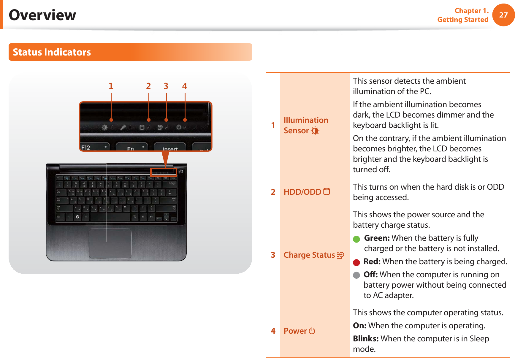 27Chapter 1. Getting Started Overview Status  Indicators1Illumination Sensor This sensor detects the ambient illumination of the PC.If the ambient illumination becomes dark, the LCD becomes dimmer and the keyboard backlight is lit.On the contrary, if the ambient illumination becomes brighter, the LCD becomes brighter and the keyboard backlight is turned o .2HDD/ODD  This turns on when the hard disk is or ODD being accessed.3Charge Status This shows the power source and the battery charge status.   Green: When the battery is fully charged or the battery is not installed.   Red: When the battery is being charged.   O : When the computer is running on battery power without being connected to AC adapter.4Power This shows the computer operating status.On: When the computer is operating.Blinks: When the computer is in Sleep mode.