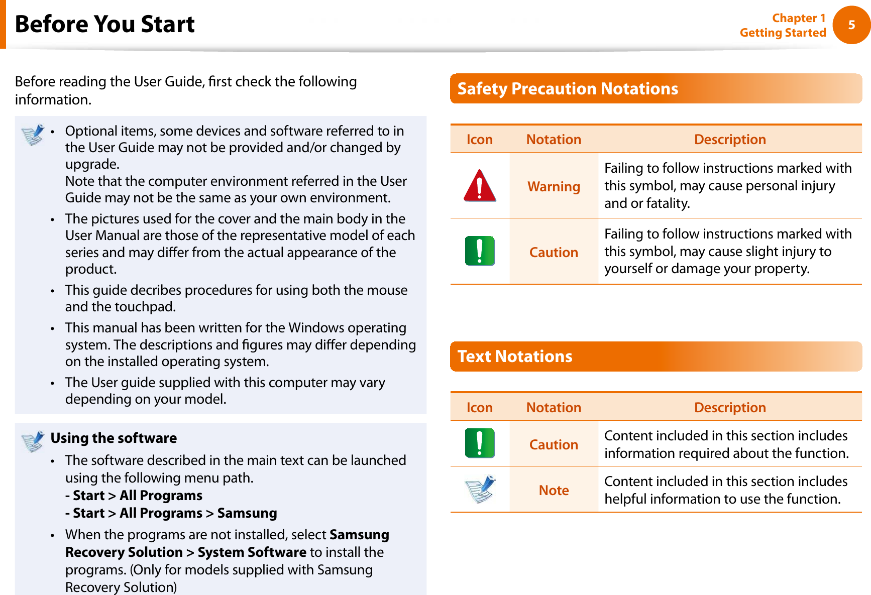 5Chapter 1 Getting StartedBefore You StartBefore reading the User Guide, rst check the following information.Optional items, some devices and software referred to in tthe User Guide may not be provided and/or changed by upgrade.Note that the computer environment referred in the User Guide may not be the same as your own environment.The pictures used for the cover and the main body in the tUser Manual are those of the representative model of each series and may dier from the actual appearance of the product.This guide decribes procedures for using both the mouse tand the touchpad.This manual has been written for the Windows operating tsystem. The descriptions and gures may dier depending on the installed operating system.The User guide supplied with this computer may vary tdepending on your model.Using the software The software described in the main text can be launched tusing the following menu path. - Start &gt; All Programs- Start &gt; All Programs &gt; SamsungWhen the programs are not installed, select tSamsung Recovery Solution &gt; System Software to install the programs. (Only for models supplied with Samsung Recovery Solution)Safety Precaution NotationsIcon Notation DescriptionWarningFailing to follow instructions marked with this symbol, may cause personal injury and or fatality.CautionFailing to follow instructions marked with this symbol, may cause slight injury to yourself or damage your property.Text NotationsIcon Notation DescriptionCaution Content included in this section includes information required about the function.Note Content included in this section includes helpful information to use the function.