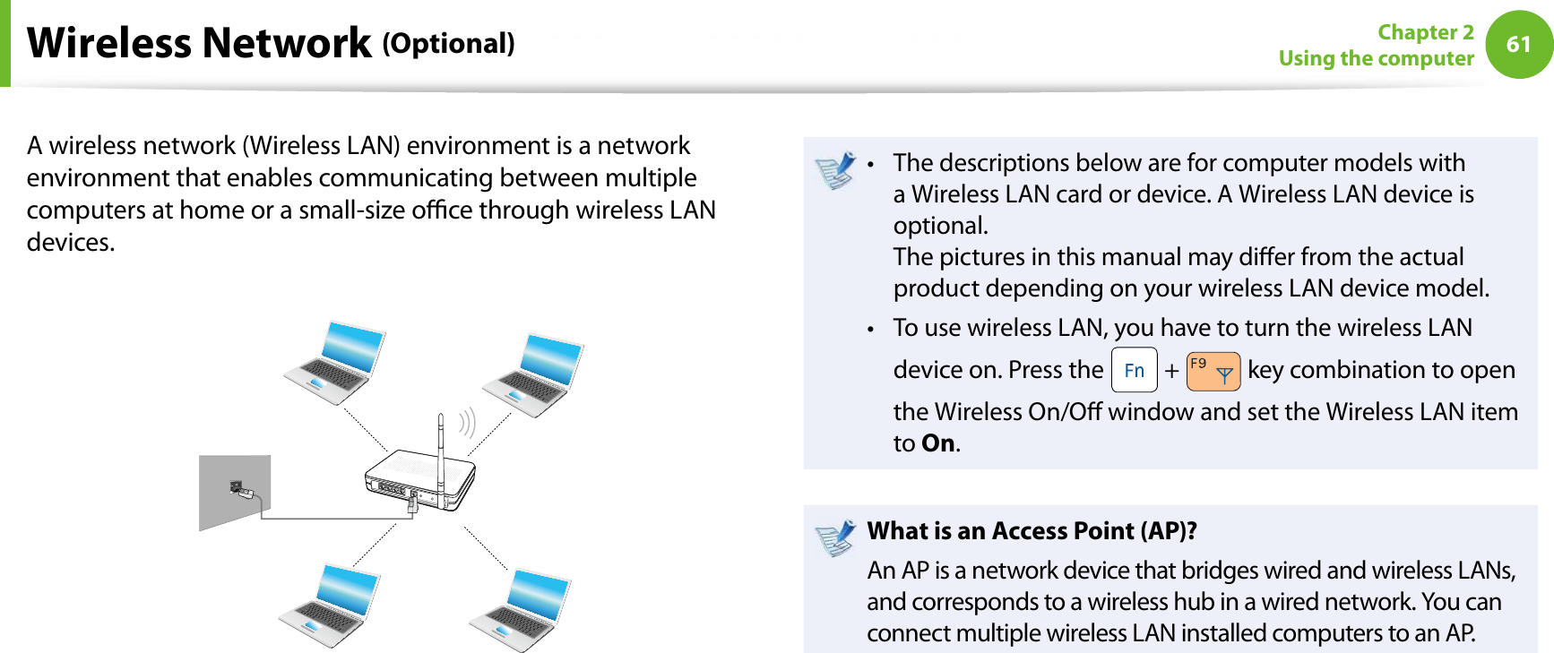 61Chapter 2Using the computerA wireless network (Wireless LAN) environment is a network environment that enables communicating between multiple computers at home or a small-size oce through wireless LAN devices.The descriptions below are for computer models with ta Wireless LAN card or device. A Wireless LAN device is optional.The pictures in this manual may dier from the actual product depending on your wireless LAN device model.To use wireless LAN, you have to turn the wireless LAN tdevice on. Press the   +   key combination to open the Wireless On/O window and set the Wireless LAN item to On.What is an Access Point (AP)?An AP is a network device that bridges wired and wireless LANs, and corresponds to a wireless hub in a wired network. You can connect multiple wireless LAN installed computers to an AP.Wireless Network (Optional)