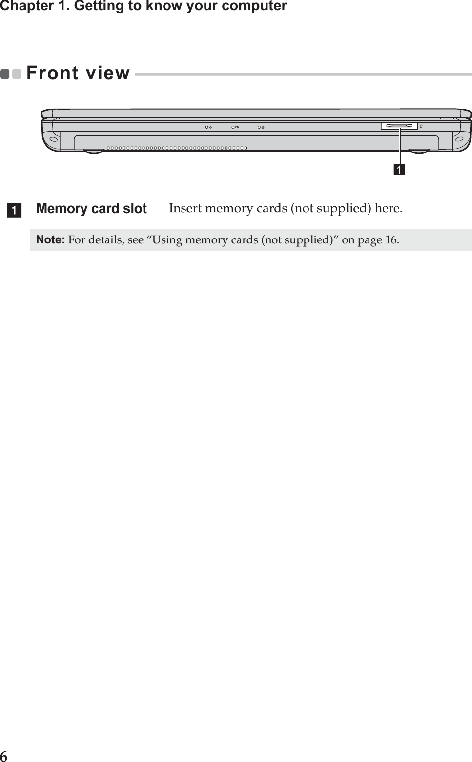 6Chapter 1. Getting to know your computerFront view - - - - - - - - - - - - - - - - - - - - - - - - - - - - - - - - - - - - - - - - - - - - - - - - - - - - - - - - - - - - - - - - - - - - - - - - - - - - - - - - - - - - - - - - - - - - - - - Memory card slot Insert memory cards (not supplied) here.Note: For details, see “Using memory cards (not supplied)” on page 16.$a