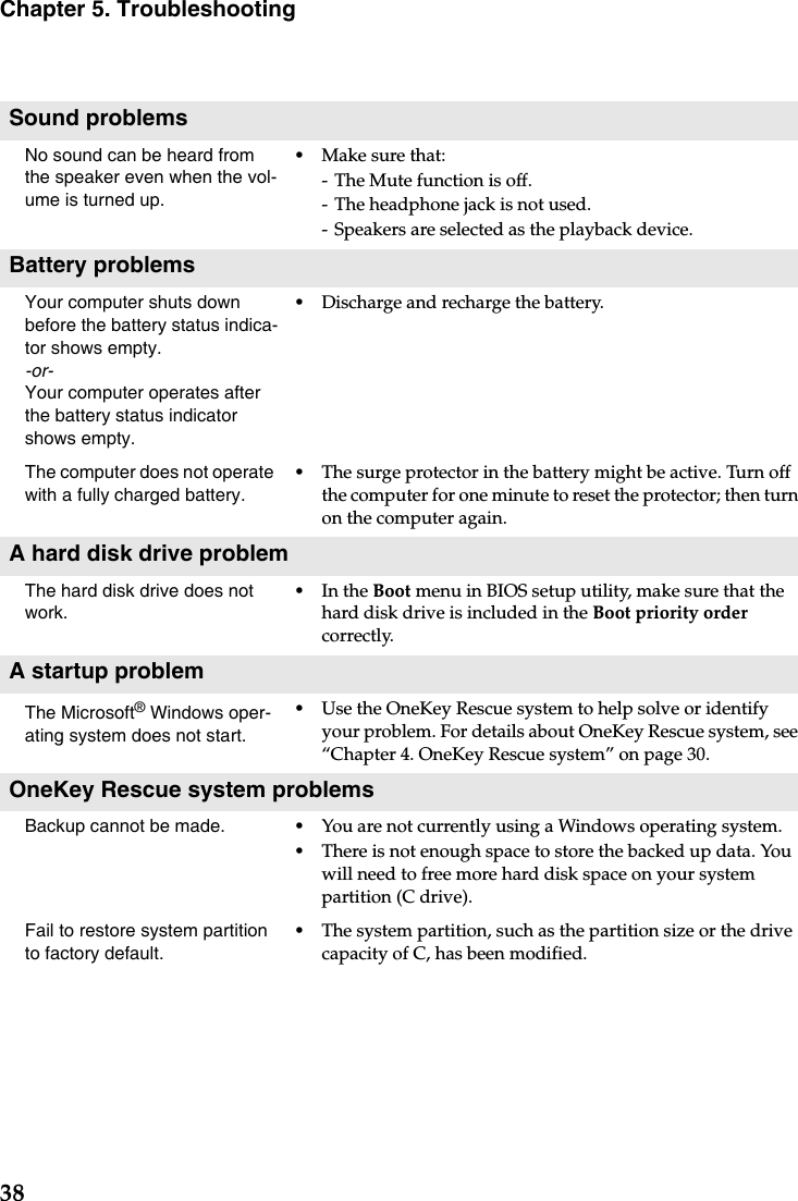 38Chapter 5. TroubleshootingSound problemsNo sound can be heard from the speaker even when the vol-ume is turned up.•Make sure that:- The Mute function is off.- The headphone jack is not used.- Speakers are selected as the playback device. Battery problemsYour computer shuts down before the battery status indica-tor shows empty.-or-Your computer operates after the battery status indicator shows empty.•Discharge and recharge the battery.The computer does not operate with a fully charged battery.•The surge protector in the battery might be active. Turn off the computer for one minute to reset the protector; then turn on the computer again.A hard disk drive problemThe hard disk drive does not work.•In the Boot menu in BIOS setup utility, make sure that the hard disk drive is included in the Boot priority order correctly.A startup problemThe Microsoft® Windows oper-ating system does not start.•Use the OneKey Rescue system to help solve or identify your problem. For details about OneKey Rescue system, see “Chapter 4. OneKey Rescue system” on page 30.OneKey Rescue system problemsBackup cannot be made. •You are not currently using a Windows operating system.•There is not enough space to store the backed up data. You will need to free more hard disk space on your system partition (C drive).Fail to restore system partition to factory default.•The system partition, such as the partition size or the drive capacity of C, has been modified.