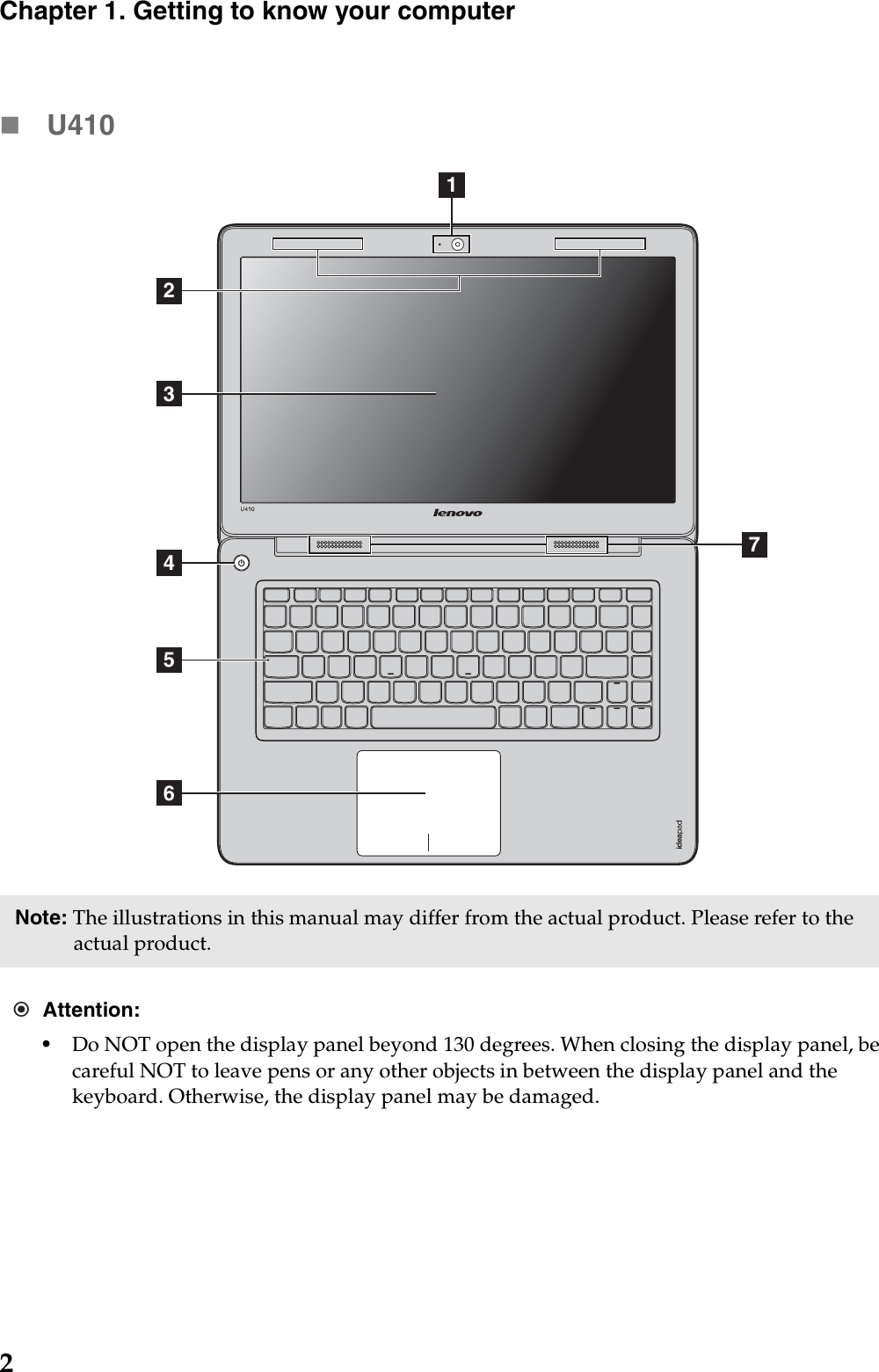 2Chapter 1. Getting to know your computerU410Note: The illustrations in this manual may differ from the actual product. Please refer to the actual product. Attention:•Do NOT open the display panel beyond 130 degrees. When closing the display panel, be careful NOT to leave pens or any other objects in between the display panel and the keyboard. Otherwise, the display panel may be damaged.1237465
