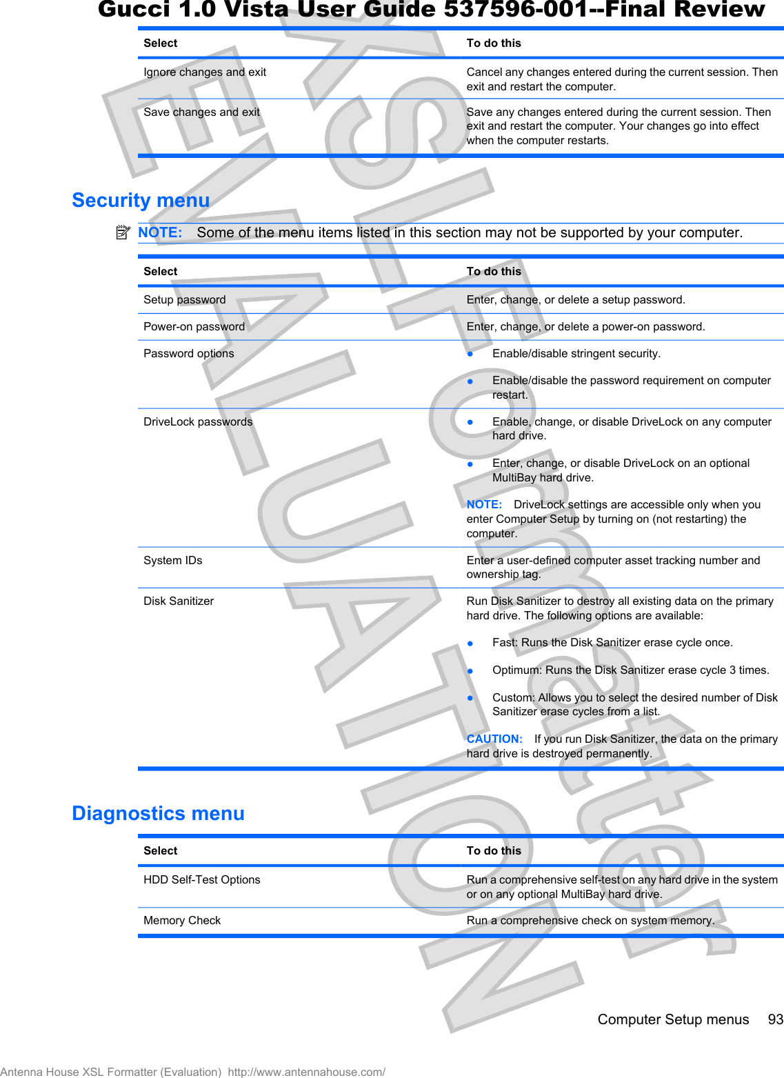 Select To do thisIgnore changes and exit Cancel any changes entered during the current session. Thenexit and restart the computer.Save changes and exit Save any changes entered during the current session. Thenexit and restart the computer. Your changes go into effectwhen the computer restarts.Security menuNOTE: Some of the menu items listed in this section may not be supported by your computer.Select To do thisSetup password Enter, change, or delete a setup password.Power-on password Enter, change, or delete a power-on password.Password options łEnable/disable stringent security.łEnable/disable the password requirement on computerrestart.DriveLock passwords łEnable, change, or disable DriveLock on any computerhard drive.łEnter, change, or disable DriveLock on an optionalMultiBay hard drive.NOTE: DriveLock settings are accessible only when youenter Computer Setup by turning on (not restarting) thecomputer.System IDs Enter a user-defined computer asset tracking number andownership tag.Disk Sanitizer Run Disk Sanitizer to destroy all existing data on the primaryhard drive. The following options are available:łFast: Runs the Disk Sanitizer erase cycle once.łOptimum: Runs the Disk Sanitizer erase cycle 3 times.łCustom: Allows you to select the desired number of DiskSanitizer erase cycles from a list.CAUTION: If you run Disk Sanitizer, the data on the primaryhard drive is destroyed permanently.Diagnostics menuSelect To do thisHDD Self-Test Options Run a comprehensive self-test on any hard drive in the systemor on any optional MultiBay hard drive.Memory Check Run a comprehensive check on system memory.Computer Setup menus 93Antenna House XSL Formatter (Evaluation)  http://www.antennahouse.com/Gucci 1.0 Vista User Guide 537596-001--Final Review