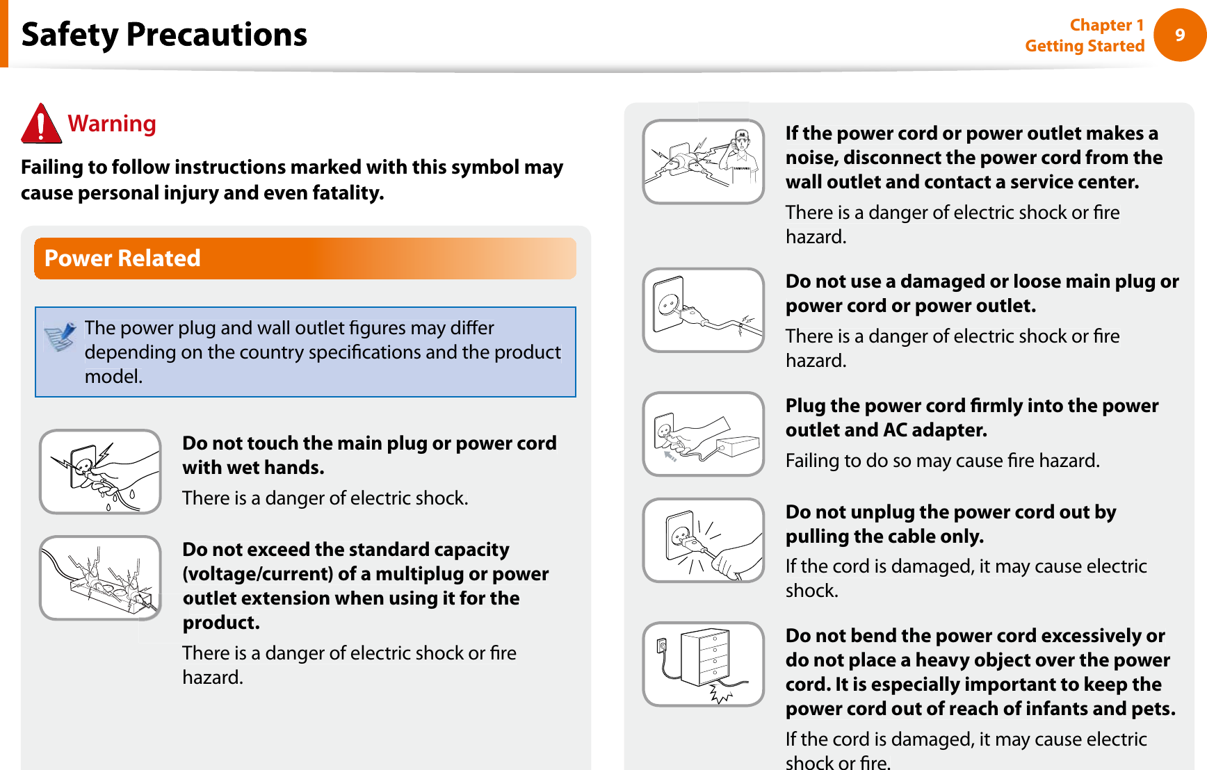 9Chapter 1 Getting StartedIf the power cord or power outlet makes anoise, disconnect the power cord from thewall outlet and contact a service center.There is a danger of electric shock or rehazard.Do not use a damaged or loose main plug orpower cord or power outlet.There is a danger of electric shock or rehazard.Plug the power cord rmly into the poweroutlet and AC adapter.Failing to do so may cause re hazard.Do not unplug the power cord out bypulling the cable only.If the cord is damaged, it may cause electricshock.Do not bend the power cord excessively ordo not place a heavy object over the powercord. It is especially important to keep thepower cord out of reach of infants and pets.If the cord is damaged, it may cause electricshock or re.Power RelatedThe power plug and wall outlet gures may dierdepending on the country specications and the productmodel.Do not touch the main plug or power cordwith wet hands.There is a danger of electric shock.Do not exceed the standard capacity(voltage/current) of a multiplug or poweroutlet extension when using it for theproduct.There is a danger of electric shock or rehazard.fWarningFailing to follow instructions marked with this symbol maycause personal injury and even fatality.