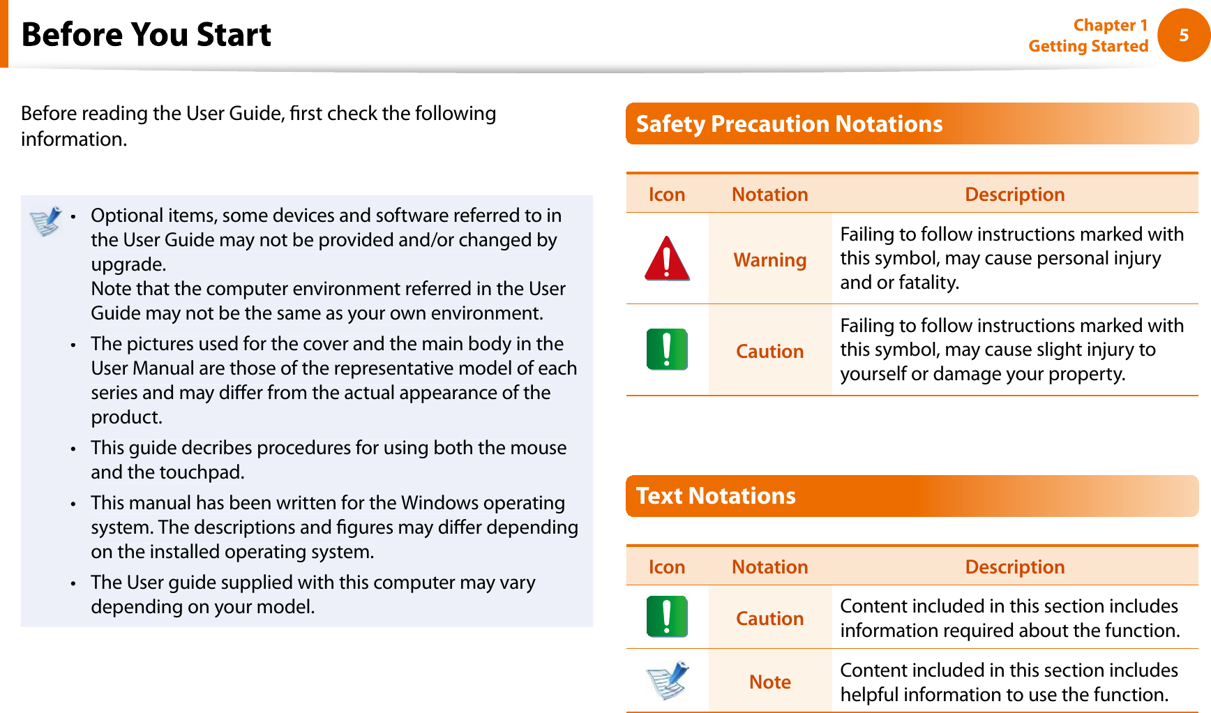 5Chapter 1 Getting StartedfBefore reading the User Guide, rst check the followinginformation.Optional items, some devices and software referred to intthe User Guide may not be provided and/or changed byupgrade.Note that the computer environment referred in the UserGuide may not be the same as your own environment.The pictures used for the cover and the main body in thetUser Manual are those of the representative model of eachseries and may dier from the actual appearance of theproduct.This guide decribes procedures for using both the mousetand the touchpad.This manual has been written for the Windows operatingtsystem. The descriptions and gures may dier dependingon the installed operating system.The User guide supplied with this computer may varytdepending on your model.Safety Precaution NotationsIcon Notation DescriptionWarningFailing to follow instructions marked withthis symbol, may cause personal injuryand or fatality.CautionFailing to follow instructions marked withthis symbol, may cause slight injury toyourself or damage your property.Text NotationsIcon NotationDescriptionCautionContent included in this section includesinformation required about the function.Note Content included in this section includeshelpful information to use the function.