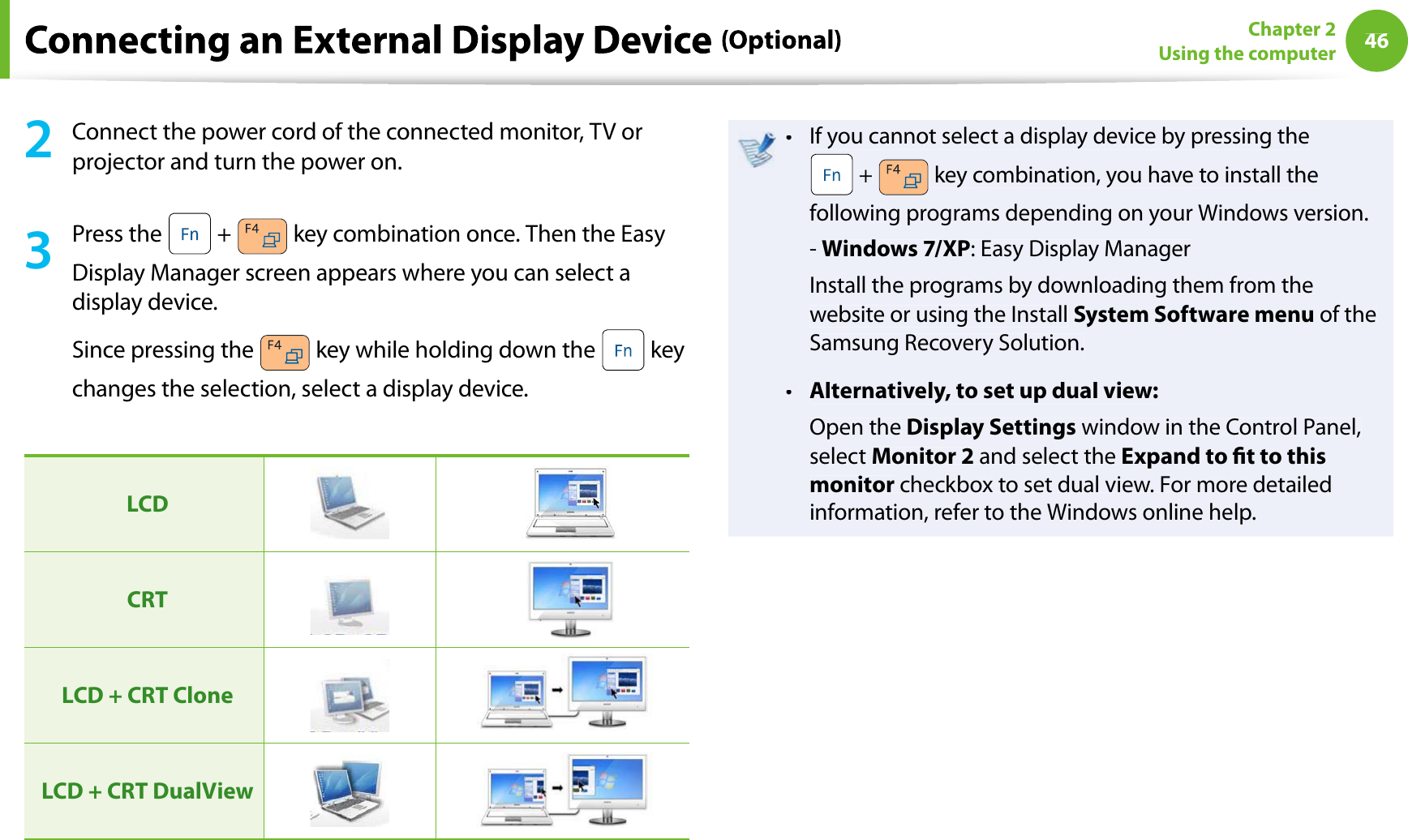 46Chapter 2Using the computer2Connect the power cord of the connected monitor, TV orprojector and turn the power on.3Press the  + key combination once. Then the EasyDisplay Manager screen appears where you can select adisplay device.Since pressing the  key while holding down the  keychanges the selection, select a display device.LCDCRTLCD + CRT CloneLCD + CRT DualViewIf you cannot select a display device by pressing thet + key combination, you have to install thefollowing programs depending on your Windows version.-Windows 7/XP: Easy Display ManagerInstall the programs by downloading them from thewebsite or using the InstallSystem Software menu of theSamsung Recovery Solution.Alternatively, to set up dual view:tOpen theDisplay Settings window in the Control Panel,select Monitor 2 and select theExpand to t to thismonitor checkbox to set dual view. For more detailedinformation, refer to the Windows online help.