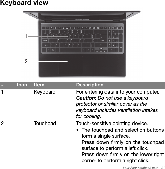 Your Acer notebook tour -  21Keyboard view#Icon Item Description1Keyboard For entering data into your computer.Caution: Do not use a keyboard protector or similar cover as the keyboard includes ventilation intakes for cooling.2Touchpad Touch-sensitive pointing device.• The touchpad and selection buttons form a single surface.  Press down firmly on the touchpad surface to perform a left click.  Press down firmly on the lower right corner to perform a right click.